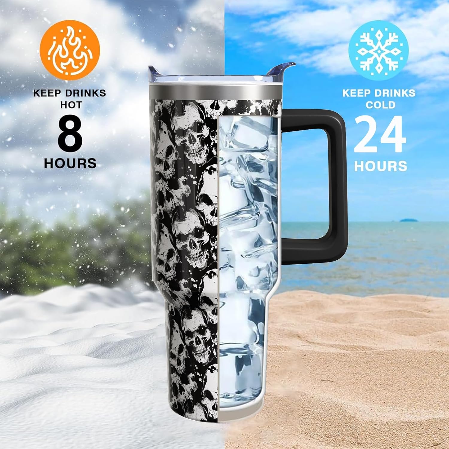 Skull Halloween Gifts for Women Men, Goth Horror Stainless Steel Insulated Travel Coffee Cup, 40 Oz Tumbler with Handle and Straw, Holiday Birthday Water Bottle (1 PC) - Image 3