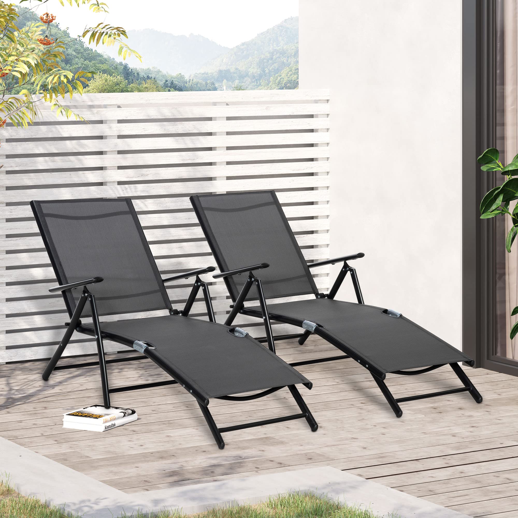 Outsunny Set 2 Sedie Sdraio da Giardino Pieghevoli in 7 Posizioni Nere | Schienale Regolabile, Lettino Prendisole, Sdraio da Spiaggia, Alluminio, Rete Traspirante
