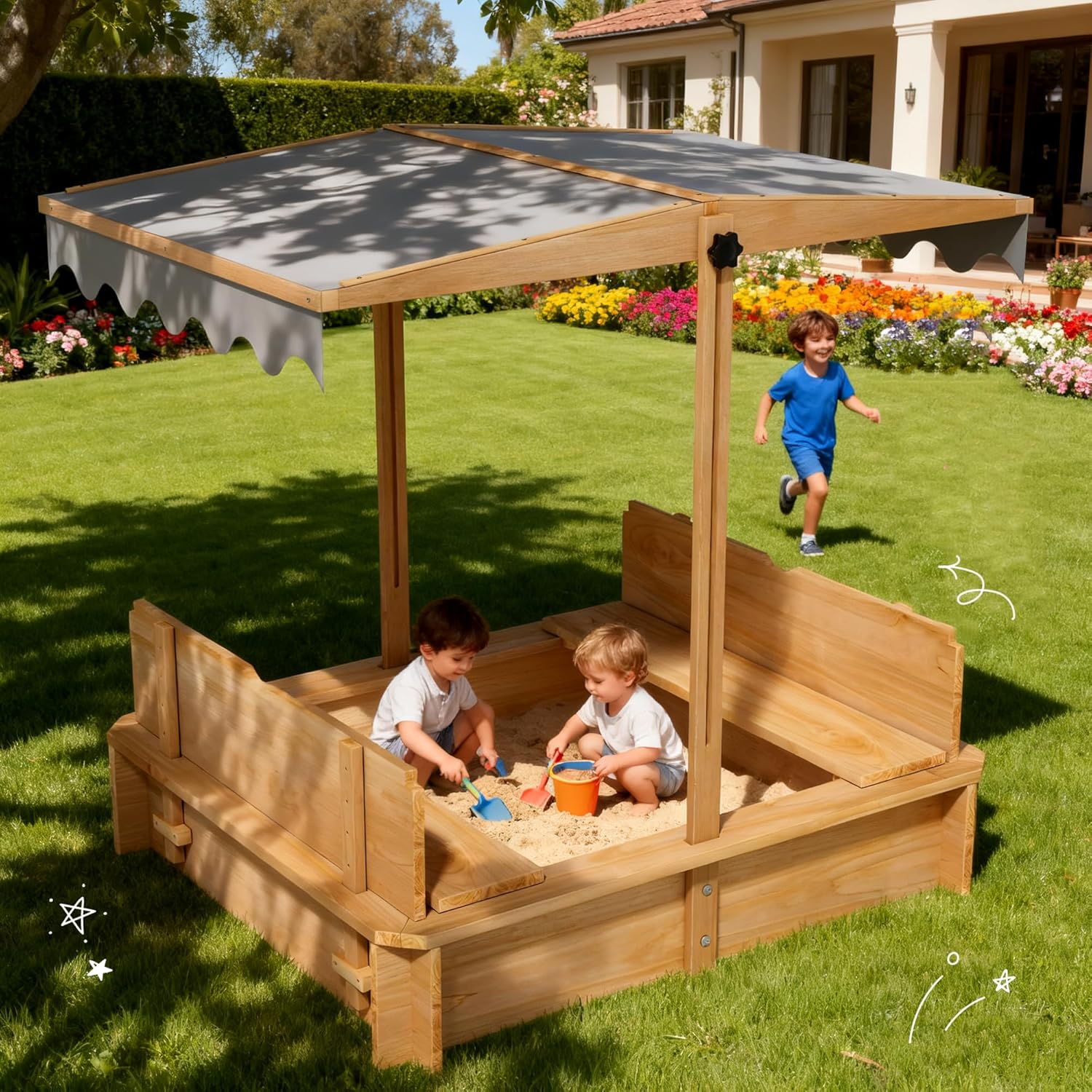 Sandbox with Lid & Cover, Wooden Kids Outdoor Sand Box with Height-Adjustable UV-Resistant Canopy, 2 Foldable Bench Seats & Bottom Liner, 43x43 Inch, Perfect for Backyard, Beach, Garden Play