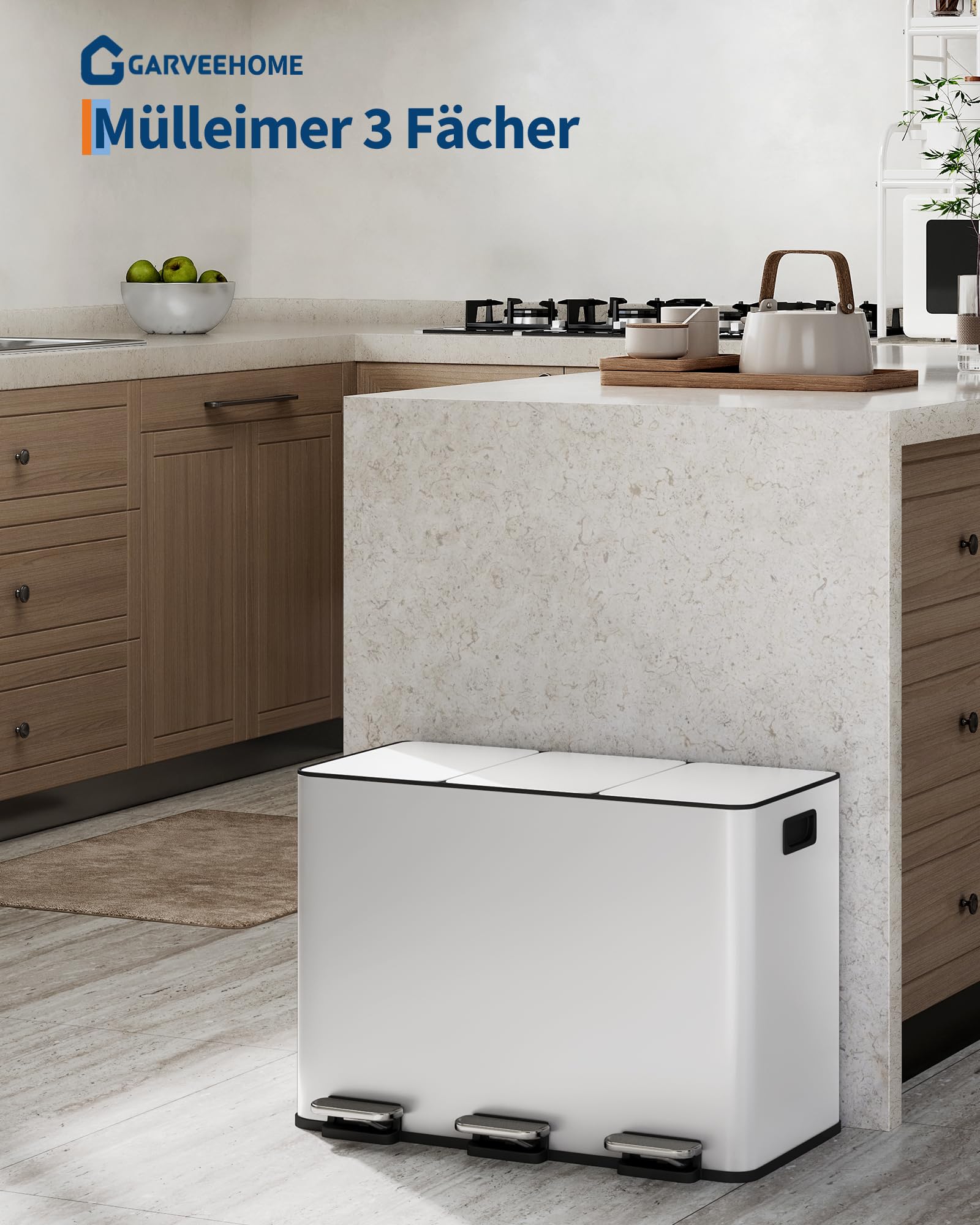 Praktisches 3-Fach Mülltrennsystem – Küchen Tretmülleimer 45L (3 x 15L) Aus Edelstahl – Soft-Close Deckel, Herausnehmbare Inneneimer, Griffe – Idealer Abfalleimer & Recyclingbehälter