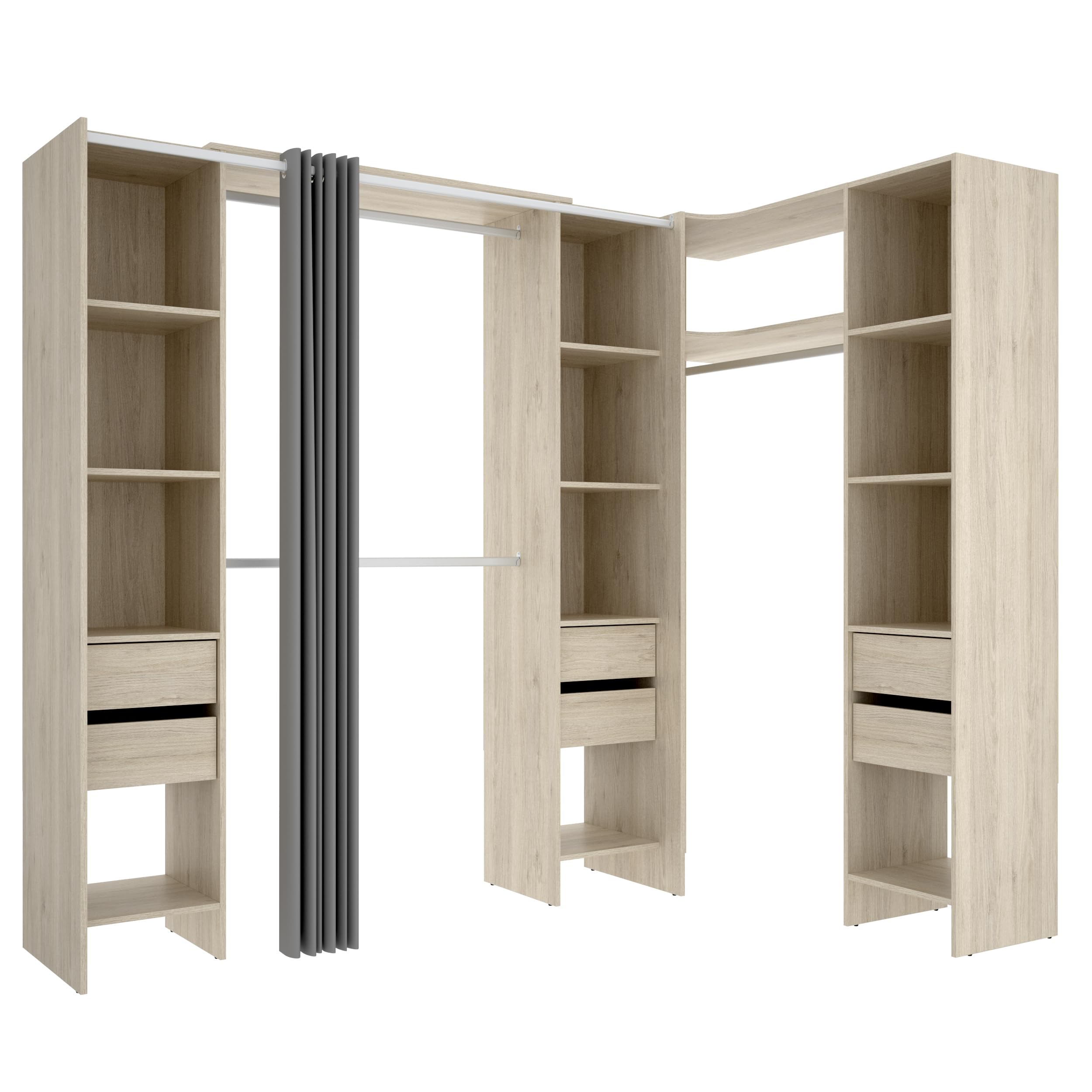 DEKIT GRUPO RIMOBEL SUIT - Composizione di Cabina Armadio angolare con due colonne, zona con barre appendiabiti e tenda – Rovere Naturale – 205 x 164-234 x 141 cm
