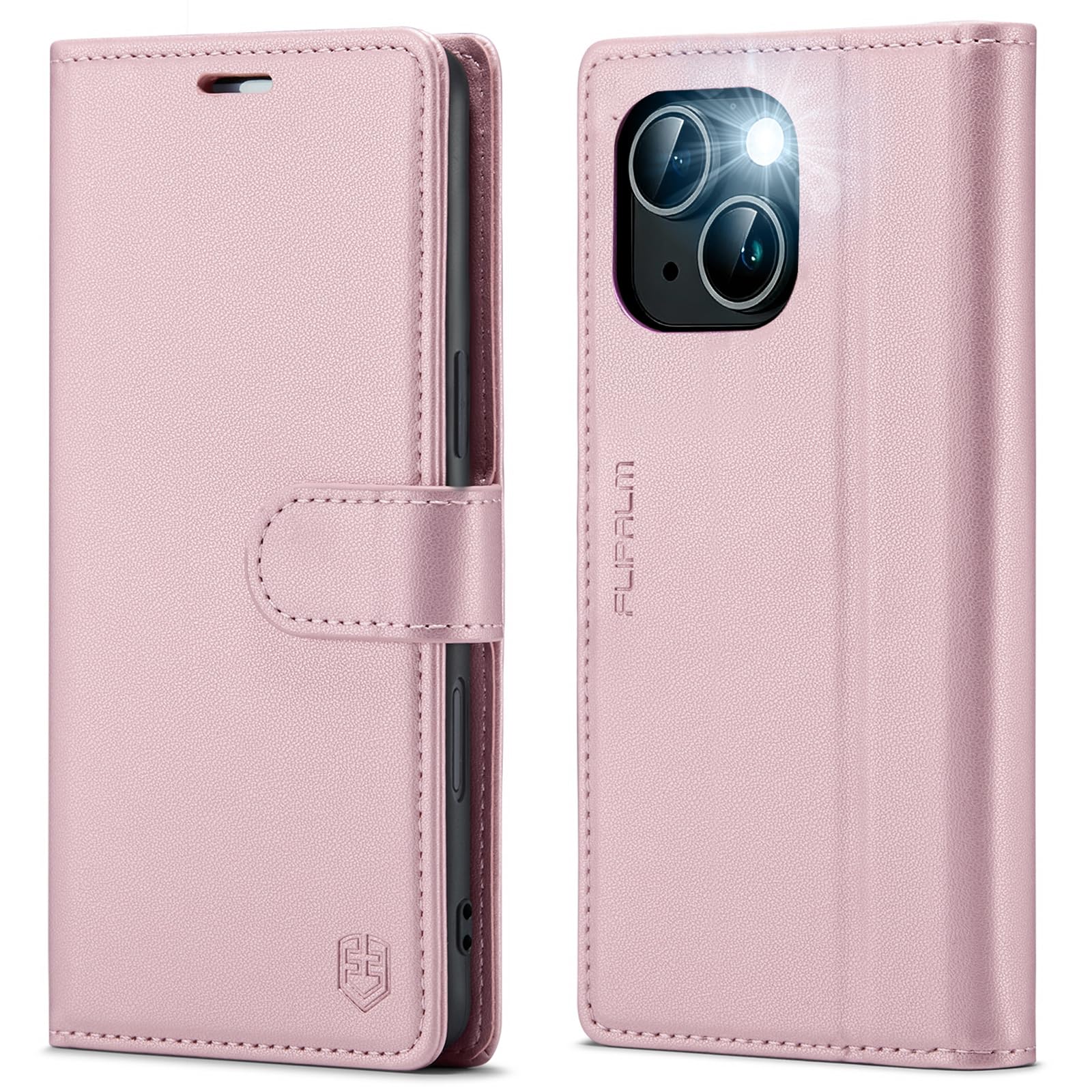 FLIPALM Wallet Case for iPhone 15 Series, RFID Blocking Credit Card Holder, PU Leather Folio Flip Kickstand Protective Shockproof Cover for Apple 15 Series (Pink, iPhone 15-6.1")