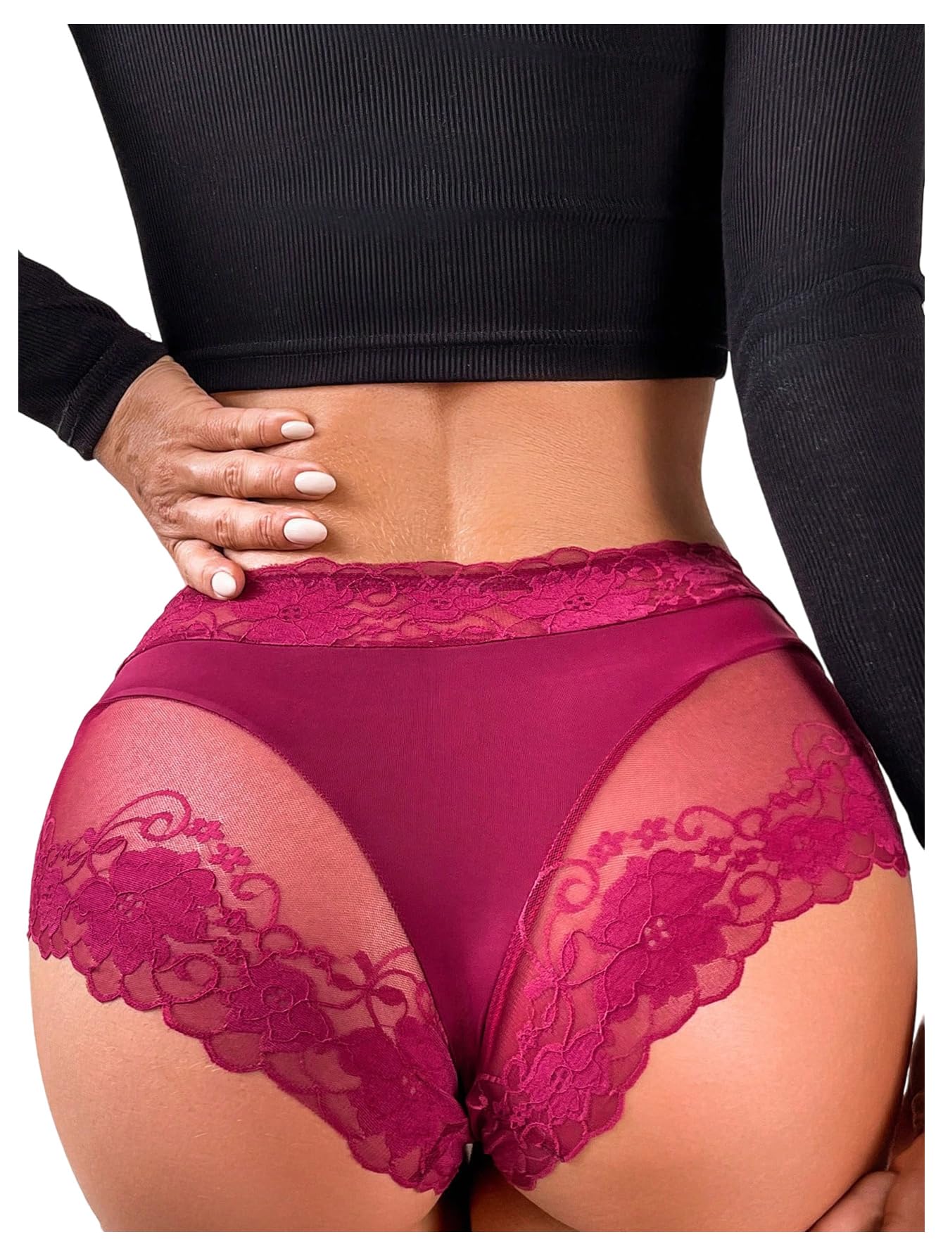 WDIRARA Women's Floral Lace Sheer Briefs High Waist Panties Sexy Seamless Underwear