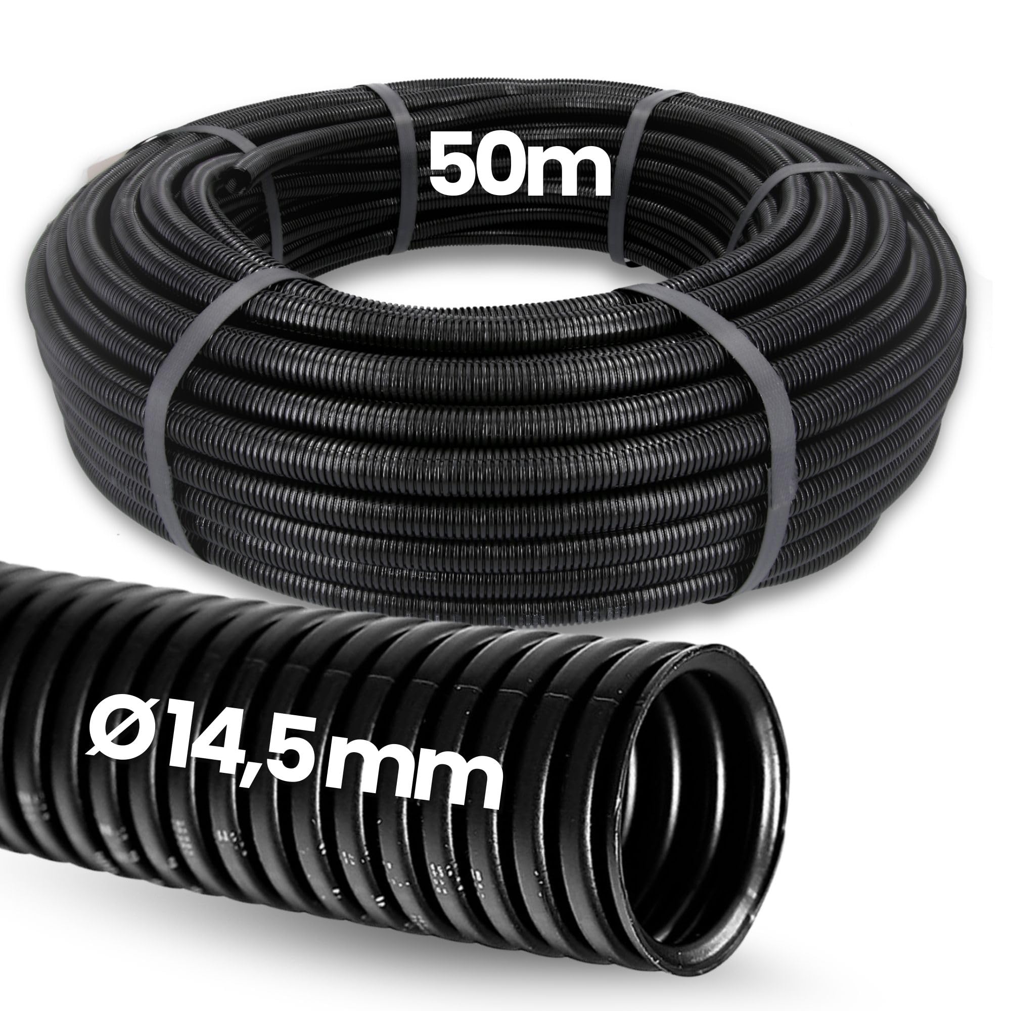 Kalitec Wellrohr PA6 NW14 Ungeschlitzt - 50 m Kabelschutzrohr Schwarz | Polyamid 6 Wellschlauch, 18,3 mm Außen- und 14,5 mm Innendurchmesser, UV-beständig, Schwer Entflammbar, Automobil & Industrie