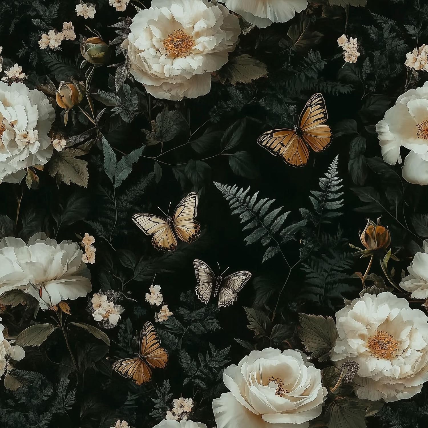 Vintage Dark Black Floral Wallpaper Peel and Stick Cream lush Peony Vivid Butterfly Botanical Leaf flowers Self Adhesive Contact Paper Removable Waterproof for Bedroom Renter friendly 17.71"x236.2"