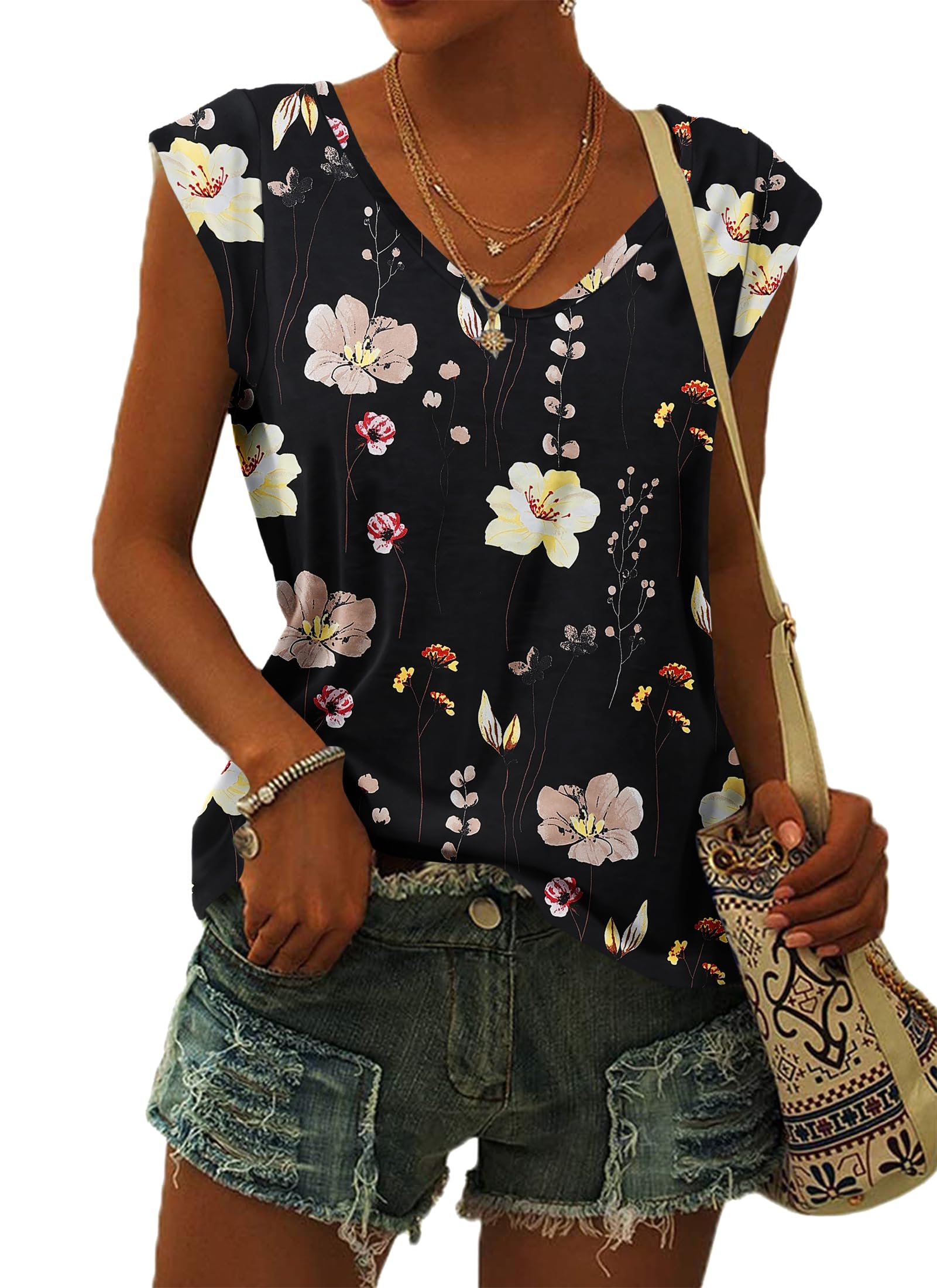 PLMOKEN T-Shirt Sommer Tank Top Damen - Ärmelloses Blusenshirt V Ausschnitt Blusen Shirts Oberteile Offset Bedrucktes Top