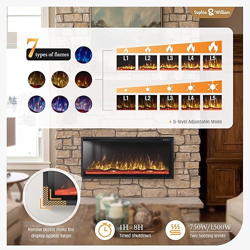 Miniatura 3 de Sophia & William Chimenea eléctrica de 50 pulgadas montada en la pared y empotrada, calentador eléctrico ultrafino de 3.86 pulgadas con control