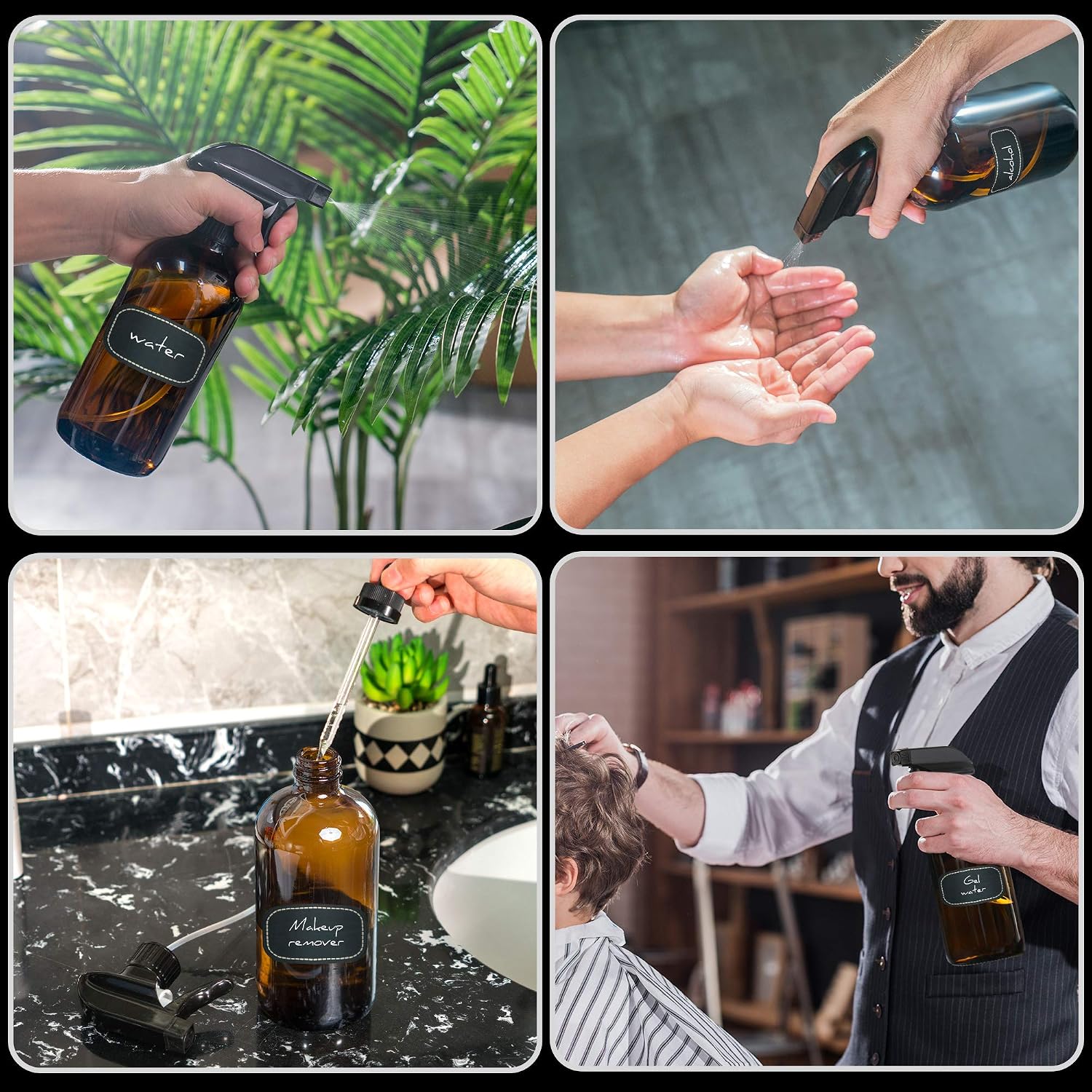 Empty Amber Glass Spray Bottles - (4 Pack) 16 oz with Labels Refillable Container for Essential Oils, Cleaning Solutions, Cleaning Products, Hair, Plant Mister, Daily Shower, Gardening or Aromatherapy