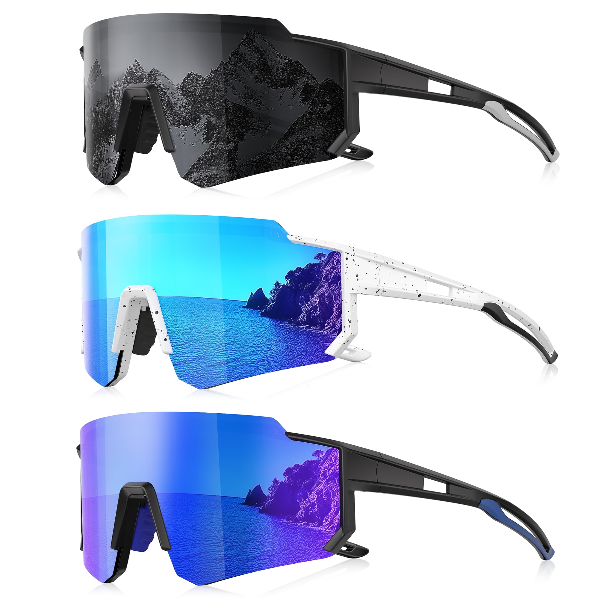 Foliful 3 Pack Polarized Sunglasses for Men Women, UV400 Sports Sunglasses for Baseball Cycling Running,A06-Gray/Ice Blue/Dark Blue, Medium