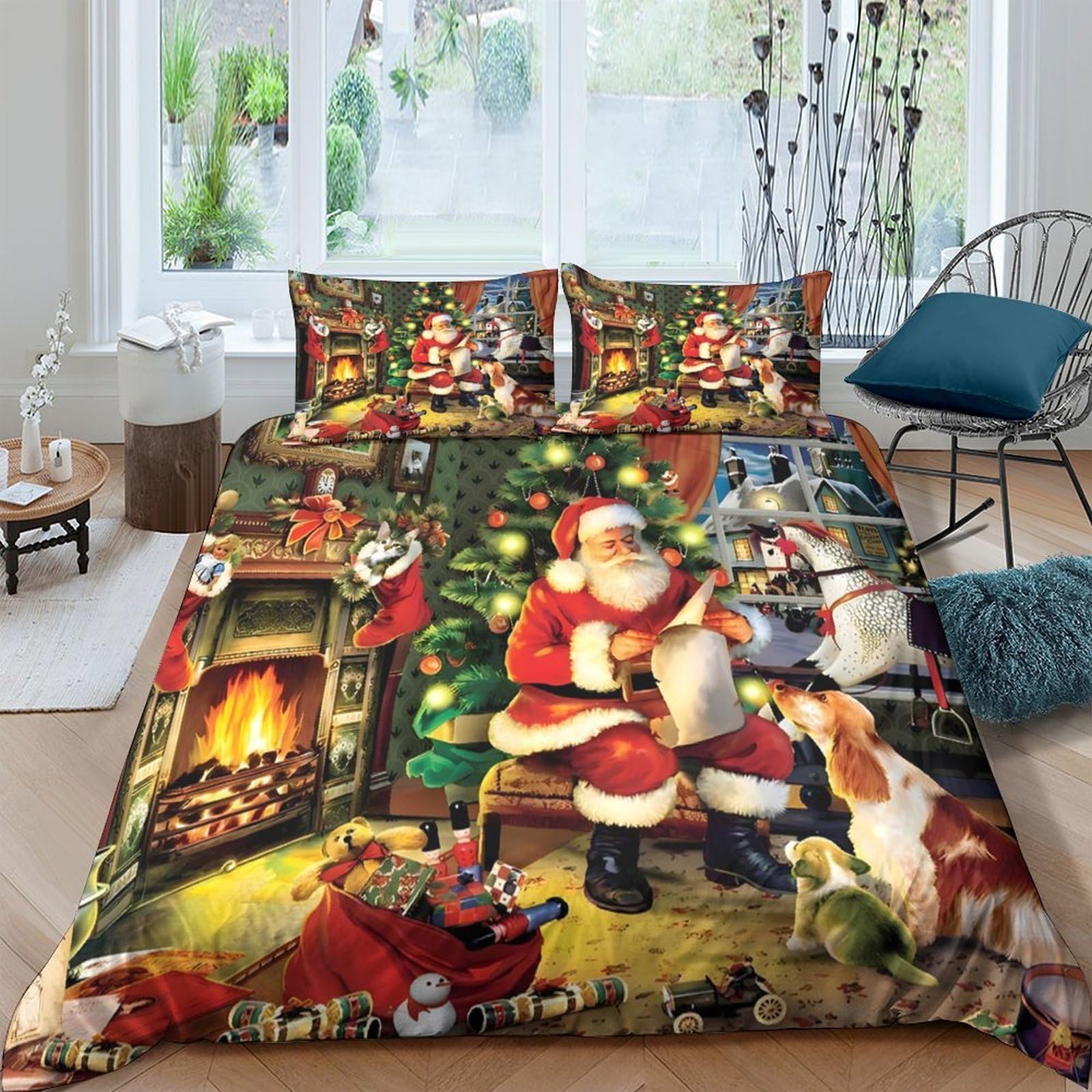 Ctjqhvkz Style-9 3D Printed Christmas Fireplace Fitted Sheet Microfiber Soft Santa Claus Bed Cover For Bedroom Guest Room Decor Single（135X200cm）