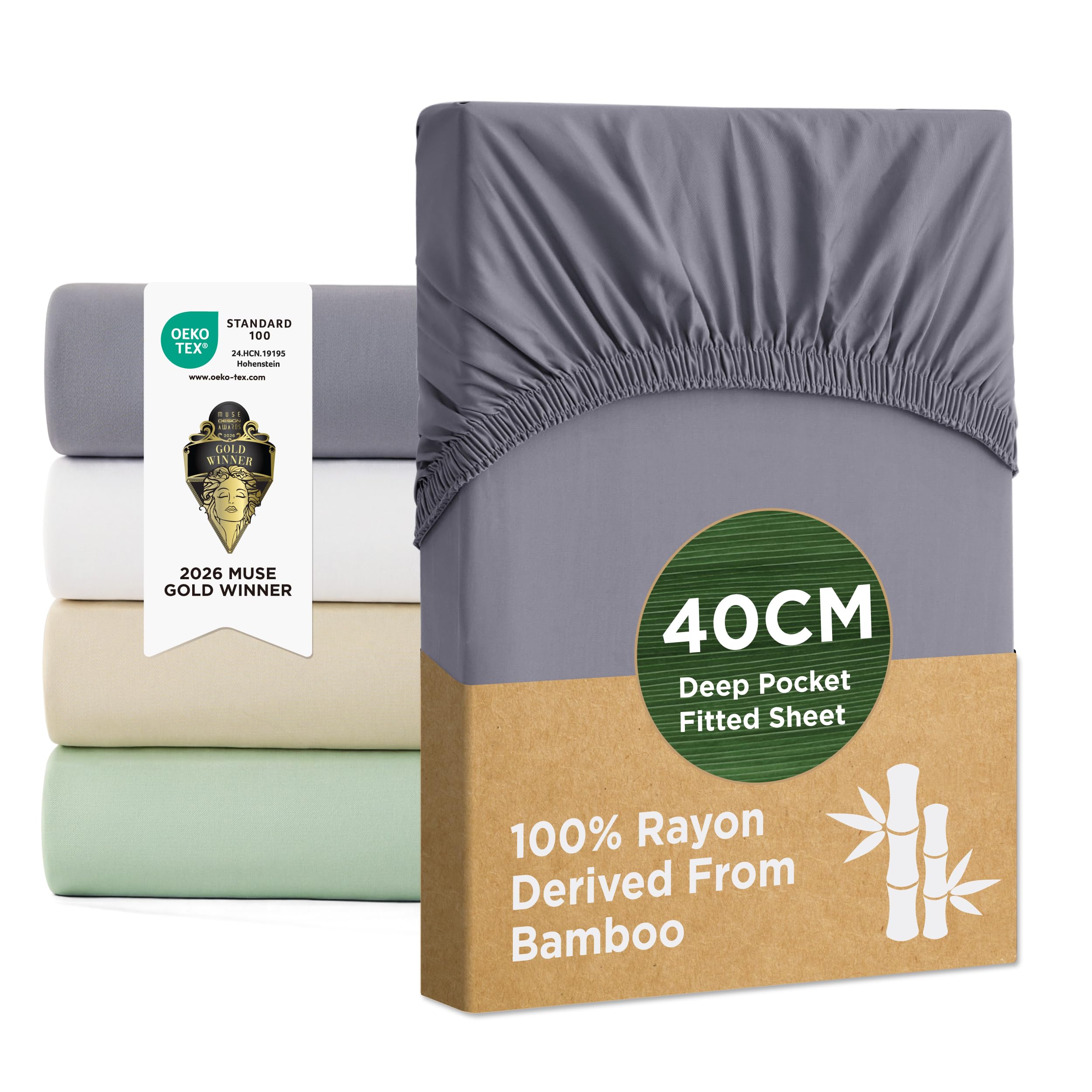 Bedsure Double Fitted Sheet Deep - 100% Rayon Derived from Bamboo, Cooling Bed Sheets, Soft Breathable Hypoallergenic, Extra Deep Pocket 40cm, Grey
