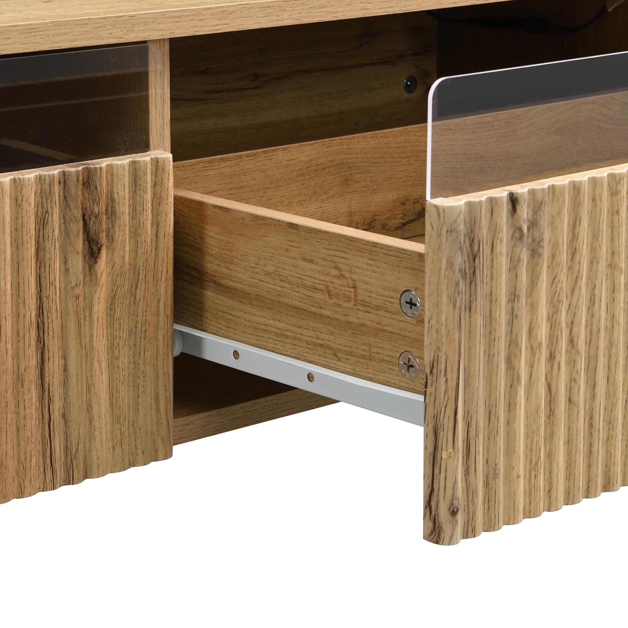 MURUL Mesa de centro moderna con cajón ondulado, patas de madera dorada, dos cajones