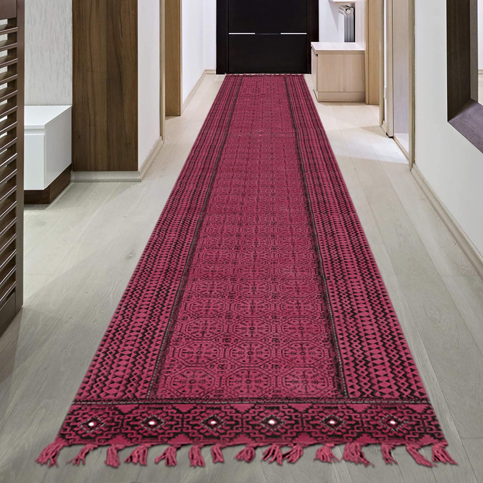 Kelim-Teppich, 4 x 15 cm, Baumwollläufer, rotes Flachgewebe, 0,19 Zoll, waschbarer handgewebter Teppich für drinnen und draußen, Läuferteppiche für Flure, Treppen, Korridore