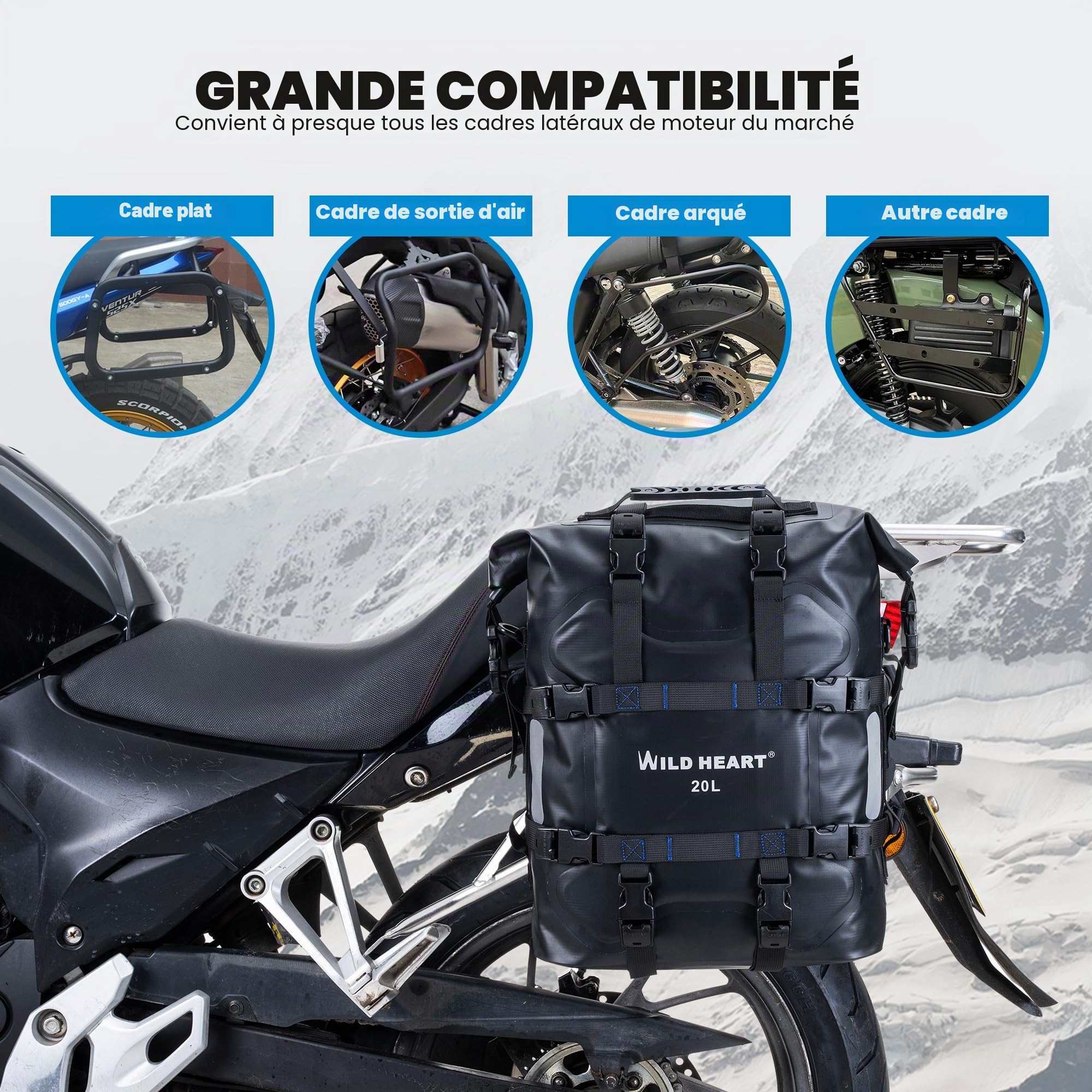 WILD HEART Sacoche latérale de Moto Suspension en Acier Inoxydable Sac étanche Sacoche de Selle 20L/25L Sac étanche Pianner Bag Résistant à l'usure Accessoires de Moto D'usage (Noir, 20l,One Pcs)
