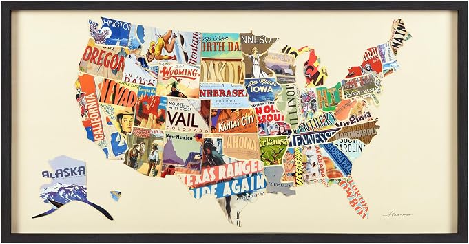 Empire Art Direct American Map Dimensional Collage Handmade by Alex Zeng Framed Graphic Contemporary Wall Art, 25" x 48" x 1.4", Ready to Hang, Across America