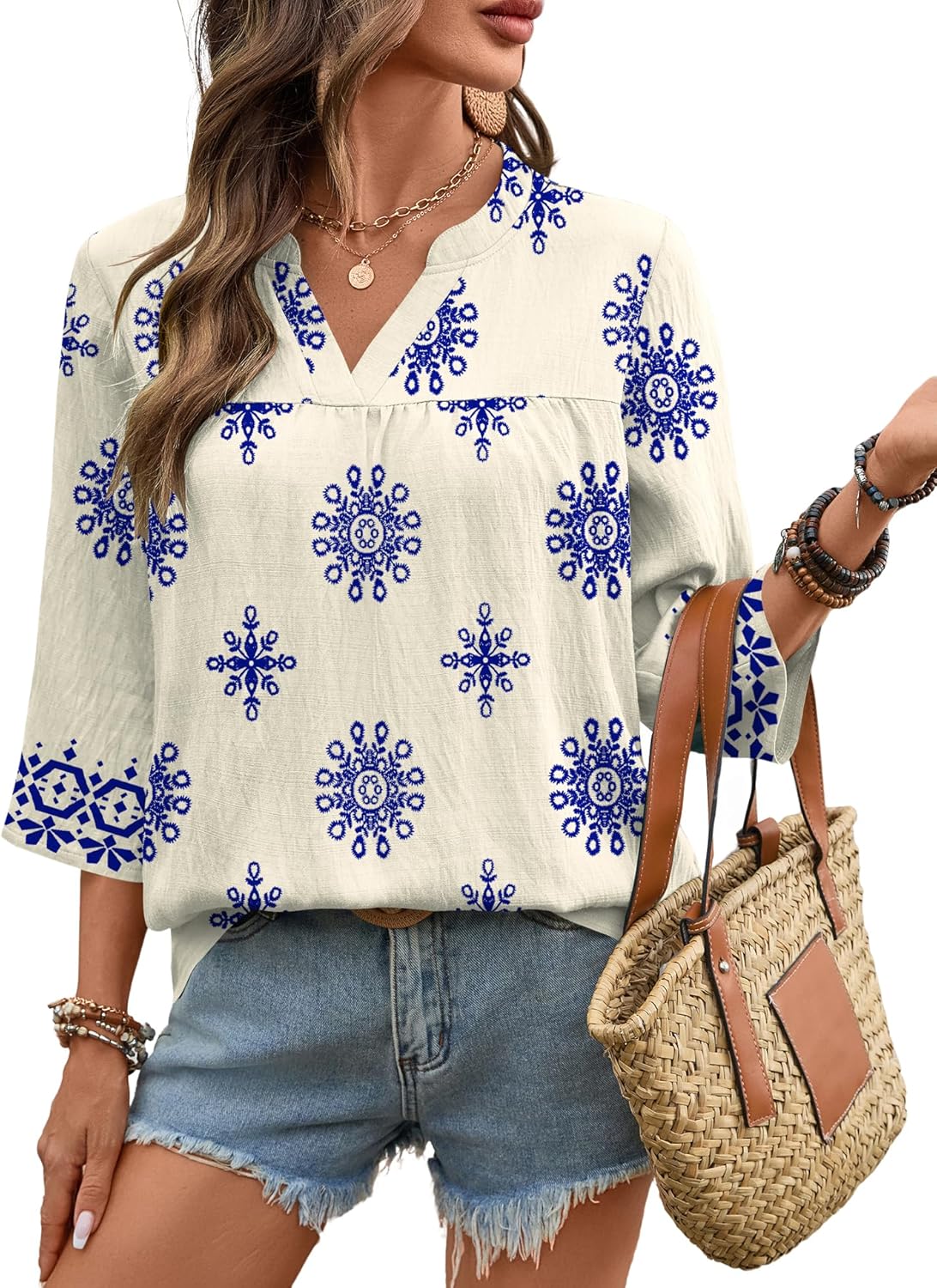 Rapbin Womens 3/4 Sleeve V Neck Floral Print Pleated Blouses for Women Dressy Casual Loose Fit Tops - Image 3