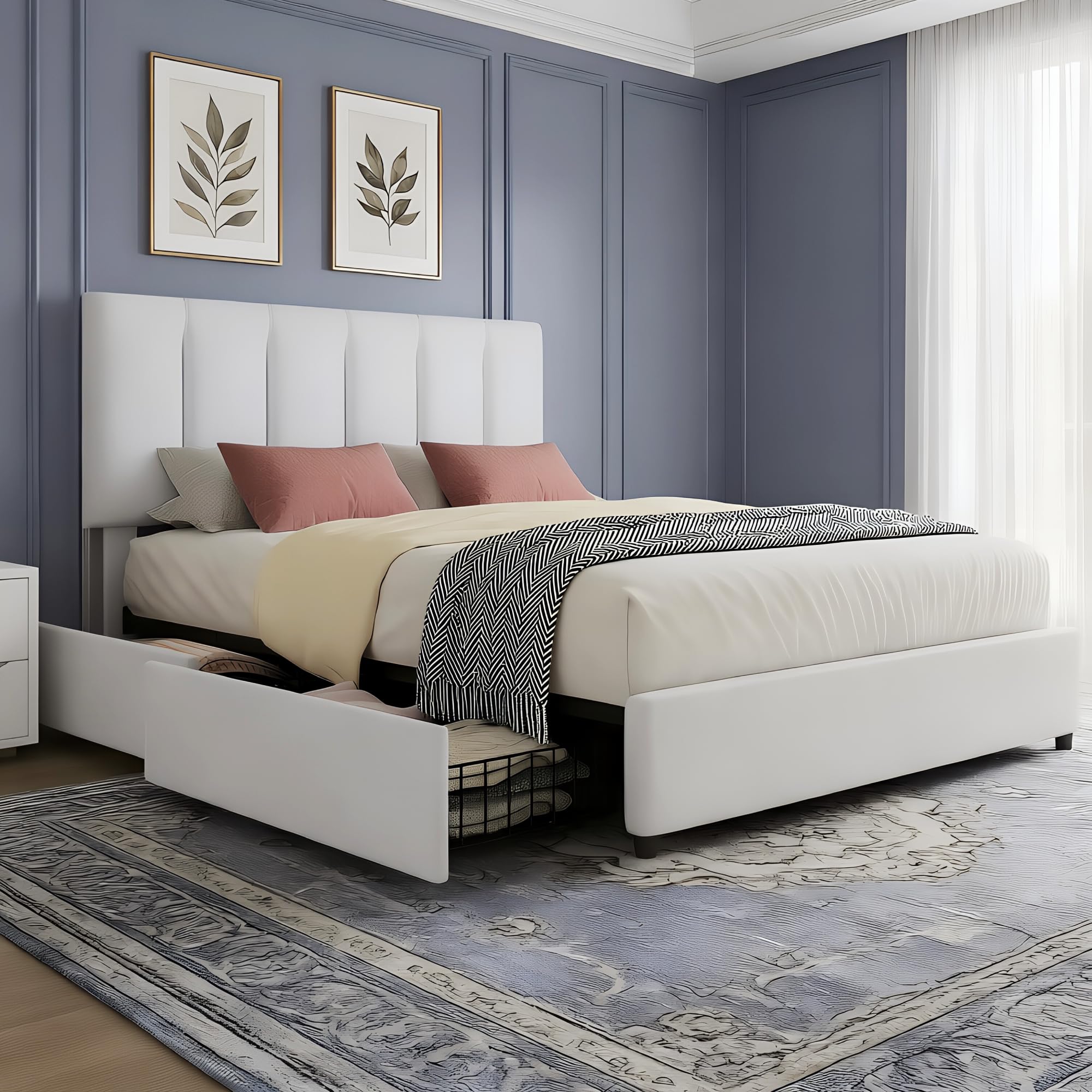 VECELO Queen Size Bed Frame with 4 Storage Drawers, Adjustable Height Headboard