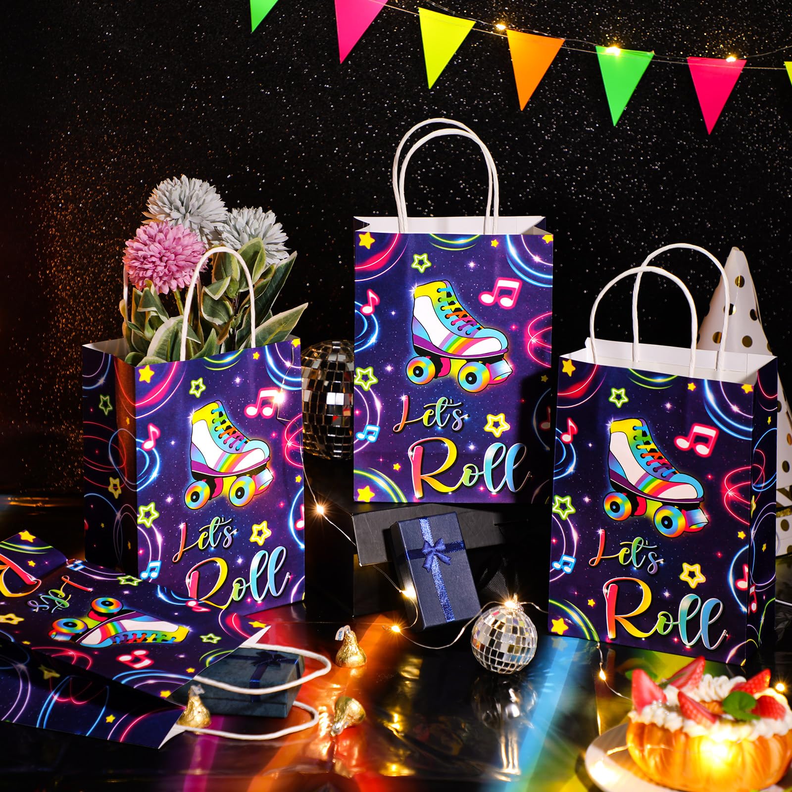 Geyoga 24 bolsas de regalo que brillan en la oscuridad, bolsas de regalo que brillan en la fiesta, suministros de fiesta de cumpleaños de neón, mini bolsas de dulces brillantes con asas para