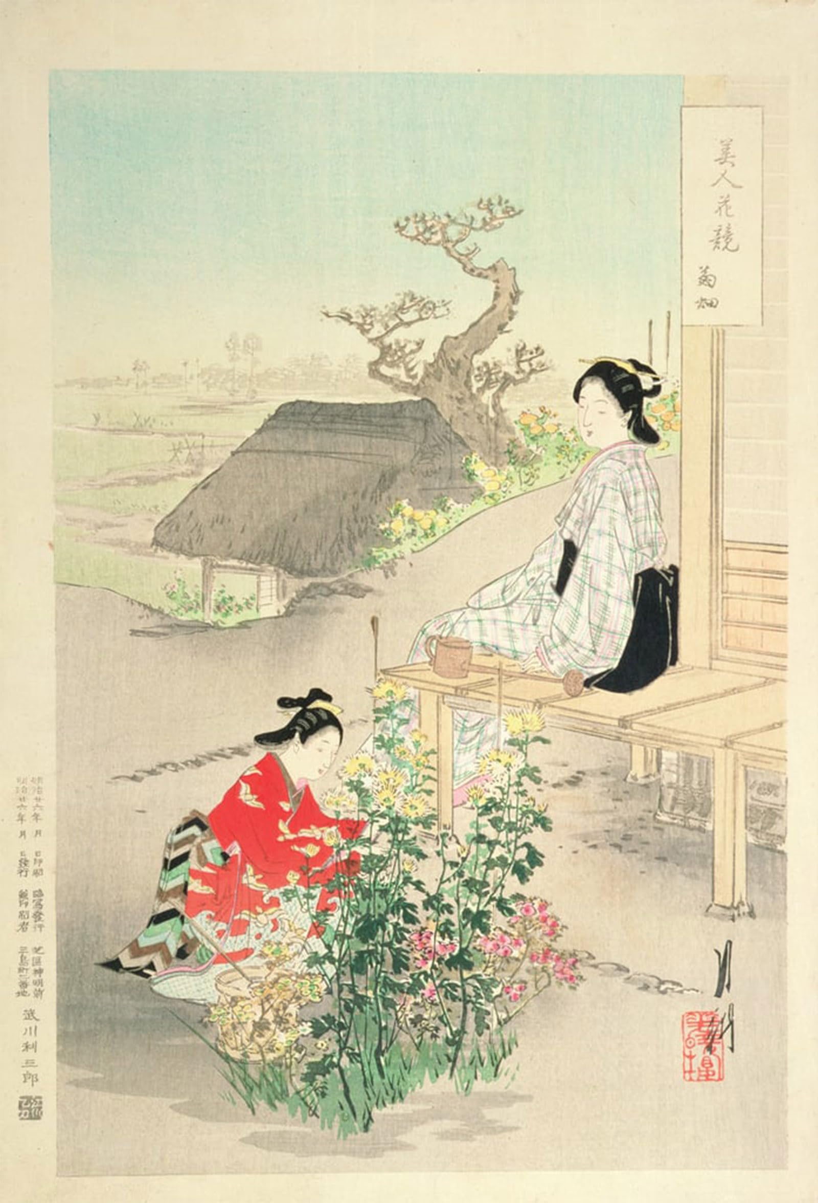 SERENDIPITP Abstract Painting Mural Print Picture Wall Decor Painting Garden From the Series 'beauties Competing with Flowers' by Ogata Gekko Vintage Wall Artwork for Home Decor 60x90cm