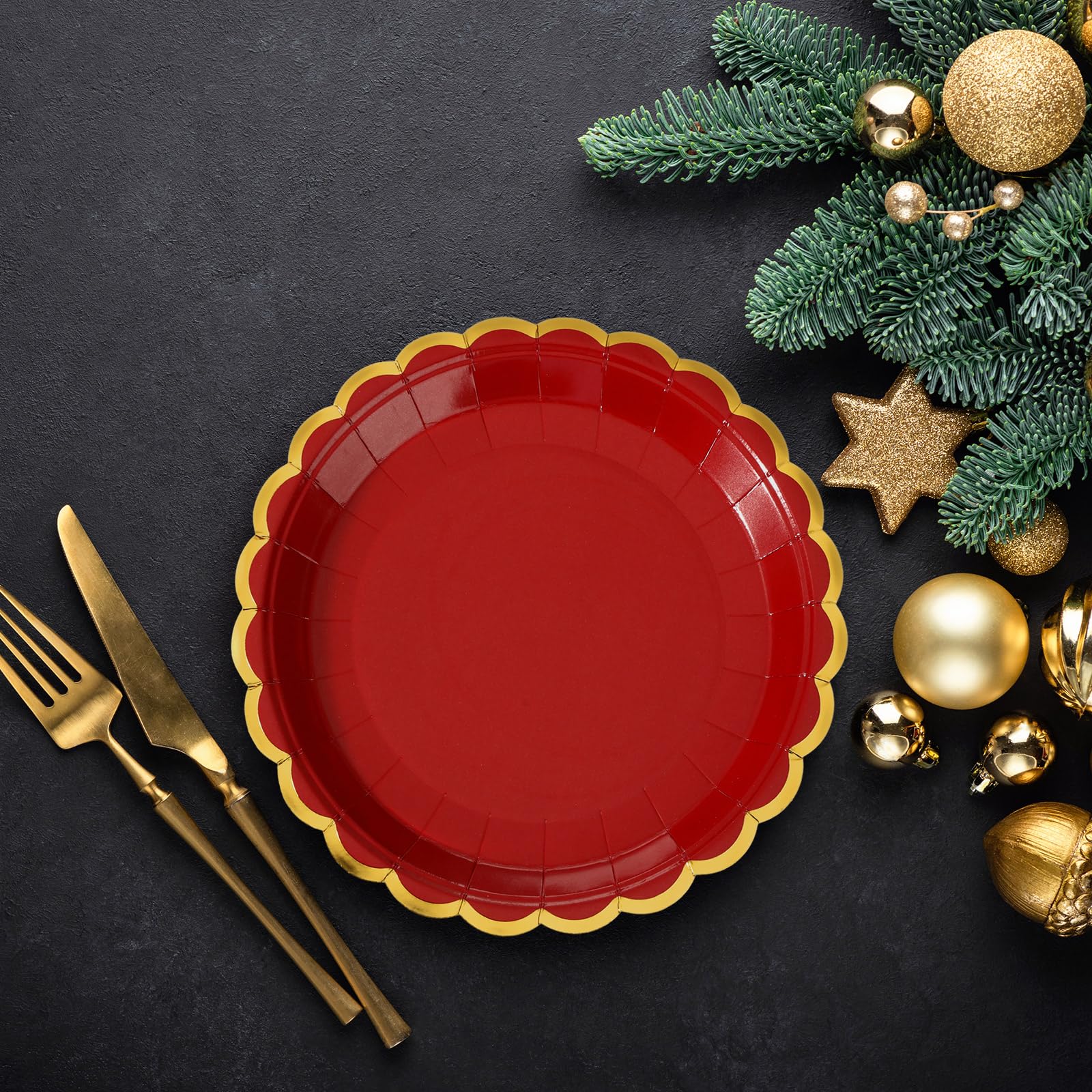 Tanlade 100 platos de papel rojo de 9 y 7 pulgadas, desechables festoneados, platos de postre con borde dorado para Navidad, baby shower, cumpleaños, vacaciones, boda, suministros de fiesta