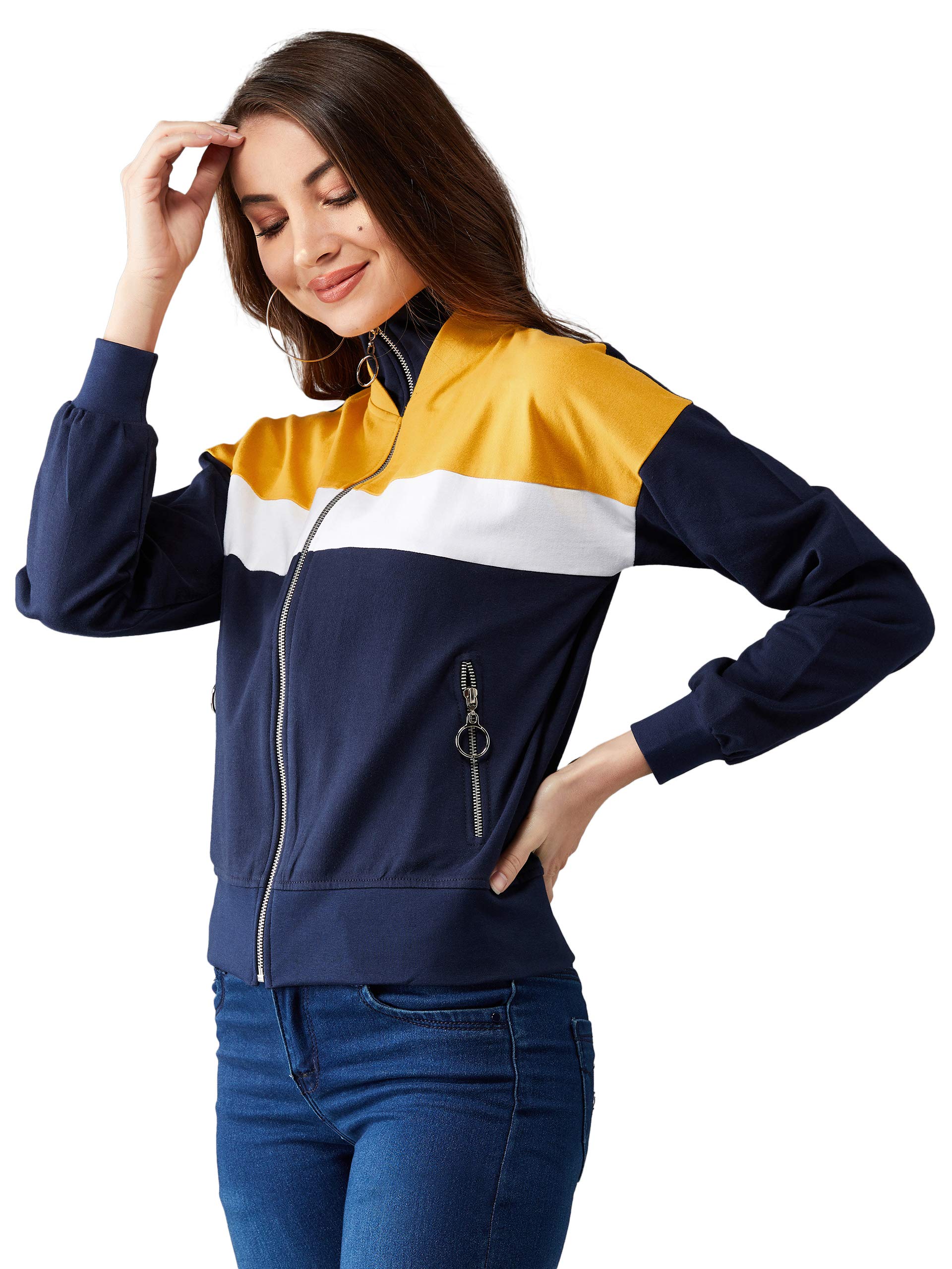 dolce crudo Women's Multicoloured 100% Cotton Turtle neck Color Blocked Jacket-picture-12