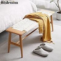Vista 5 de Banco de comedor de madera, roble macizo 100% natural con diseño de ratán, borde redondeado, banco para entrada, comedor, dormitorio, sala de estar