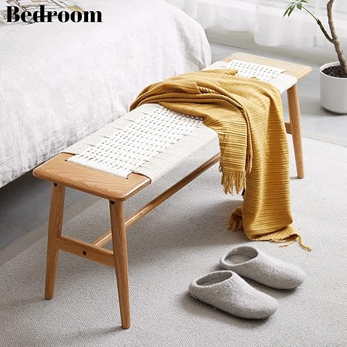 Miniatura 5 de Banco de comedor de madera, roble macizo 100% natural con diseño de ratán, borde redondeado, banco para entrada, comedor, dormitorio, sala de estar