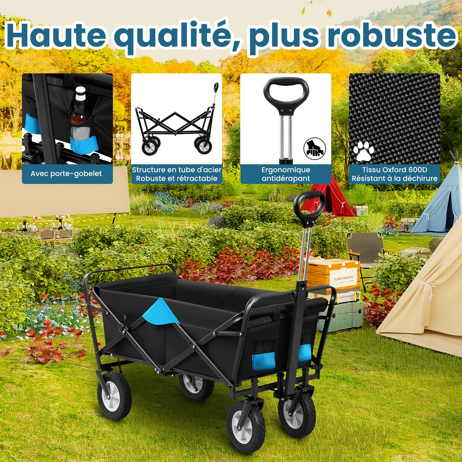 EUGAD 0009HC Chariot de Transport pour Jardin Max. 80kg Chariot Pliable à 4 Roues Tissu Oxford Anthracite+Turquoise