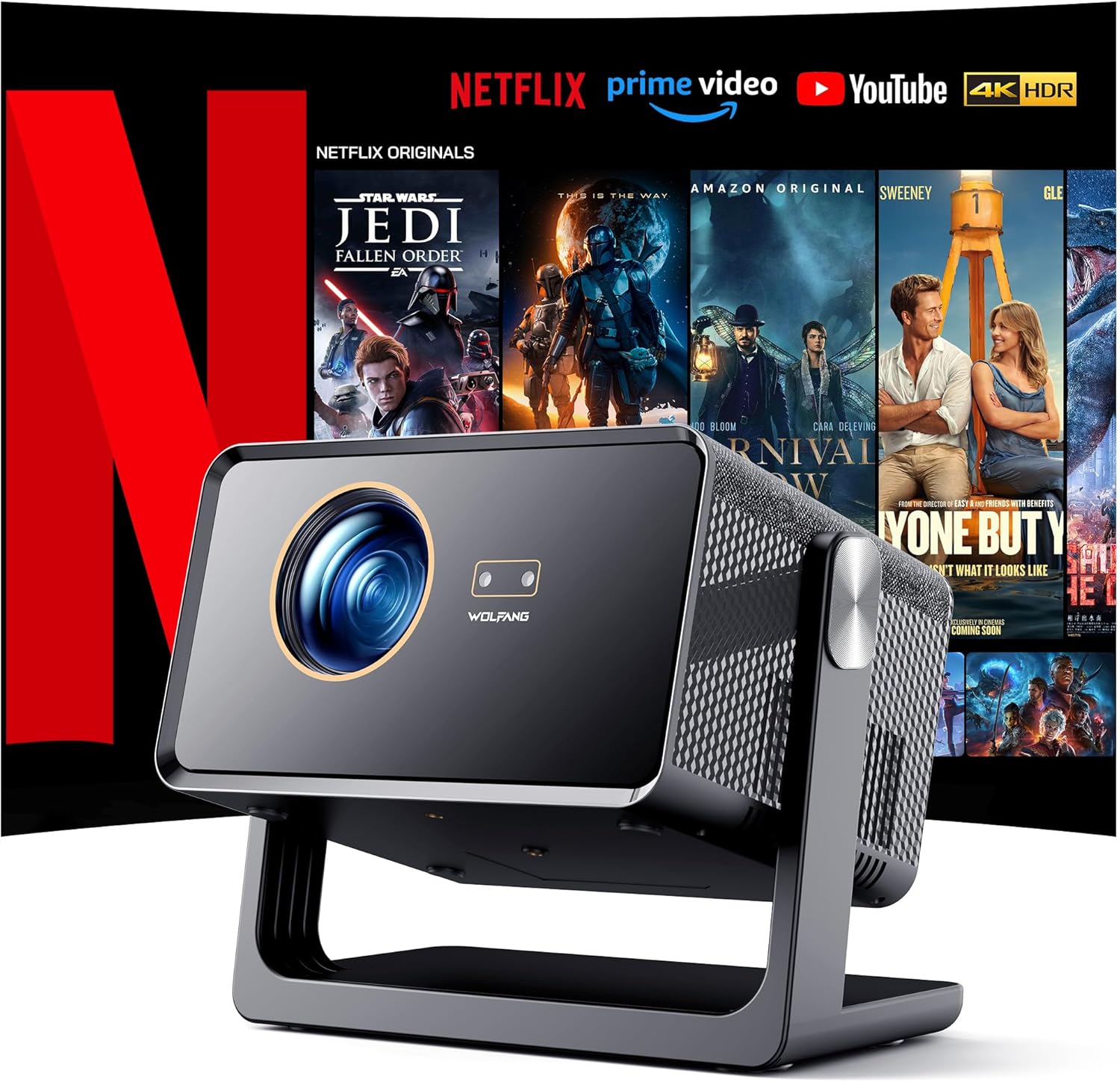 WOLFANG 4K Mini Projector with Netflix, Prime Video, and YouTube logos in the background.