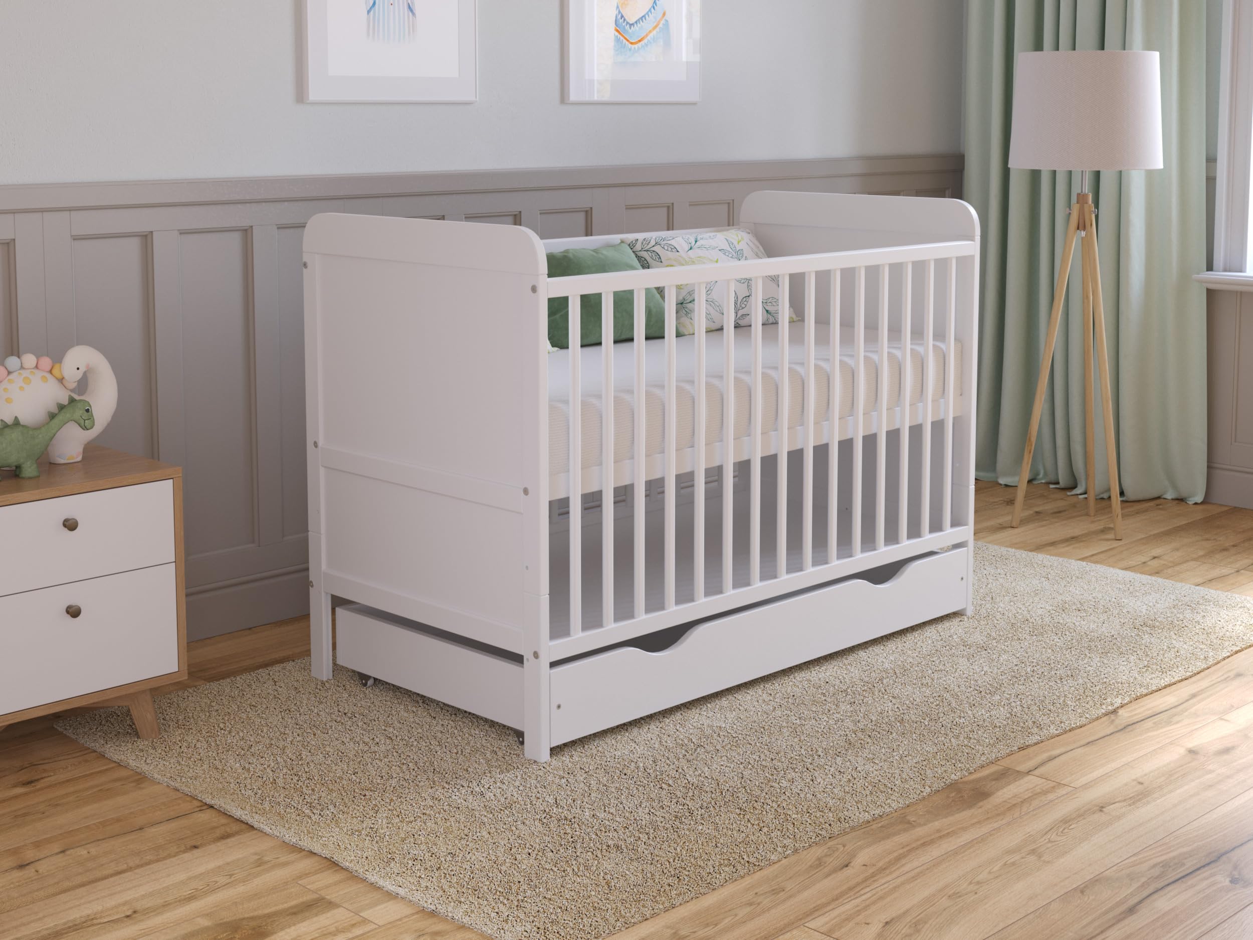 Love For Sleep Cuna de Madera para bebé 120x60 cm con cajón Blanco – Convertible en Cama Infantil – Altura Ajustable – Cuna evolutiva para recién Nacido y niño pequeño