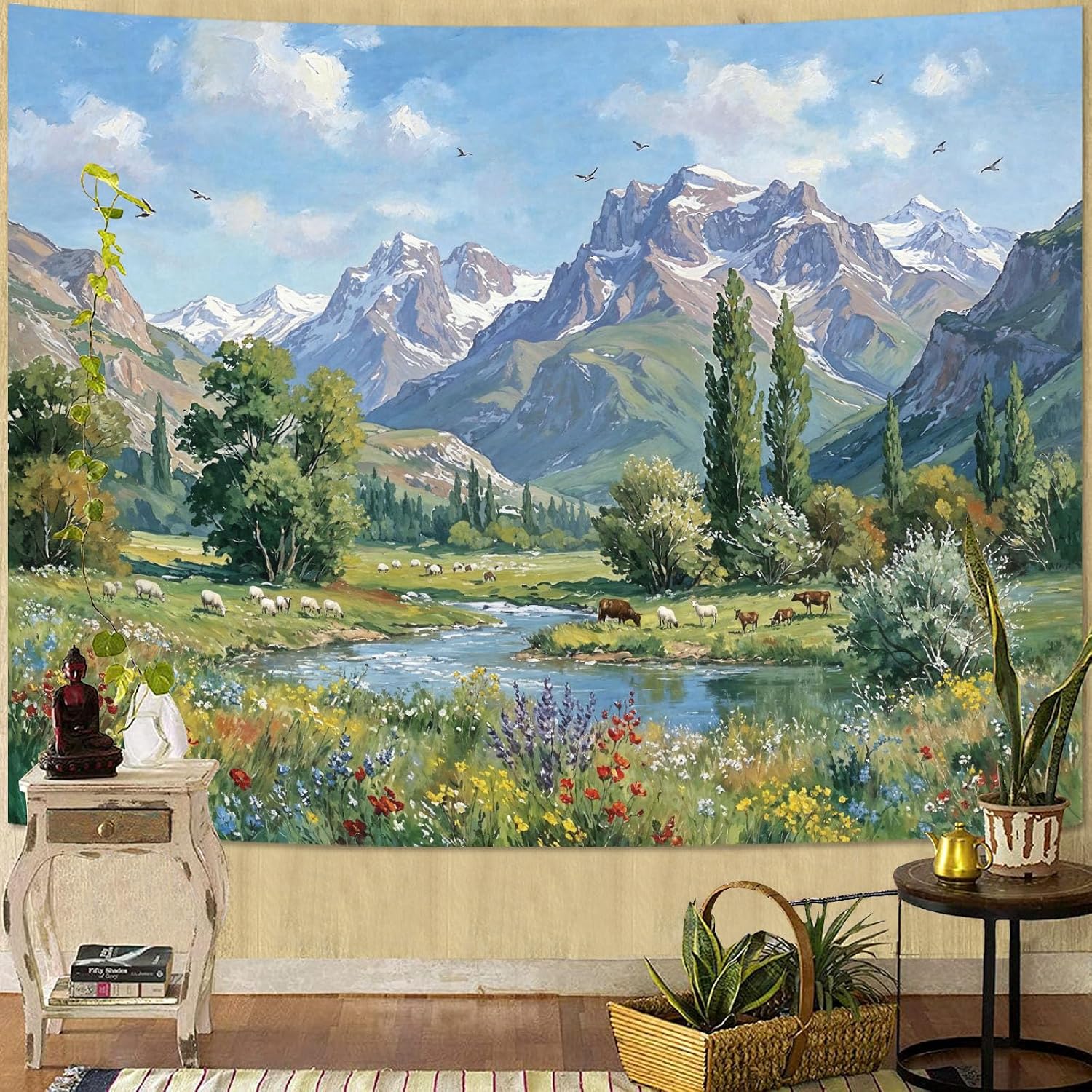 Lunerfex Art Alpine Meadow Tapestry - Mountain Landscape with Sheep and Cattle Wall Hanging - Idyllic Farmhouse Decor 60"x44"