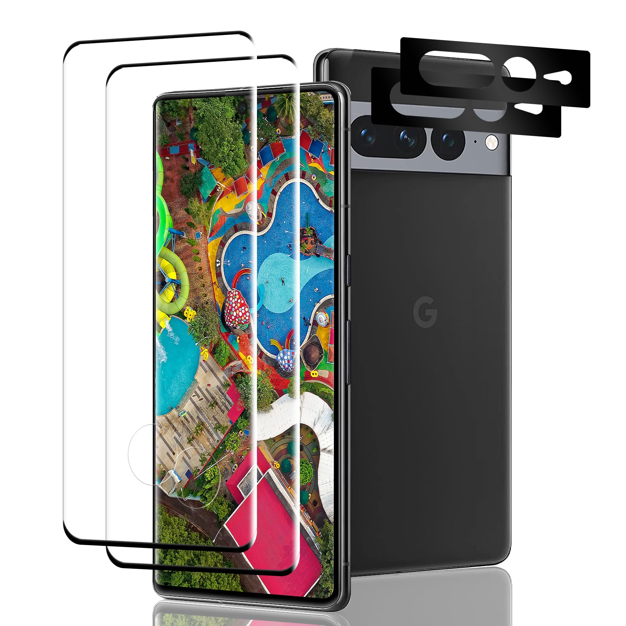 For Google Pixel 7 Pro Screen Protector, Tempered Glass Film, Curved Full Coverage, Anti-Scratch, Touch Sensitive, Ultra HD Saver Shield Film [2 Screen Protectors + 2 Camera Lens Protectors-3D]