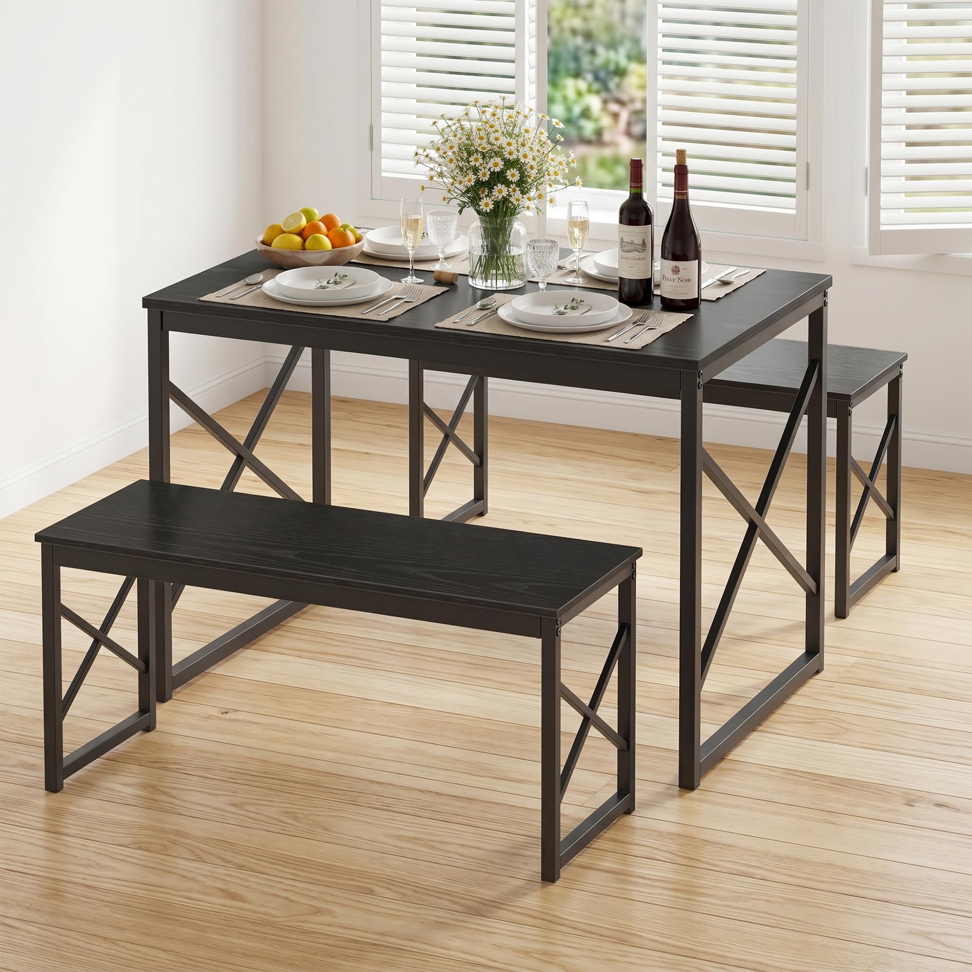 VECELO 43.3" Kitchen Dining Table Set for 4, Heavy-Duty Steel Frame &amp; Wood-Grain Tabletop, Space-Saving Dinette Sets with 2 Benches for Breakfast Nook and Small Space, Black