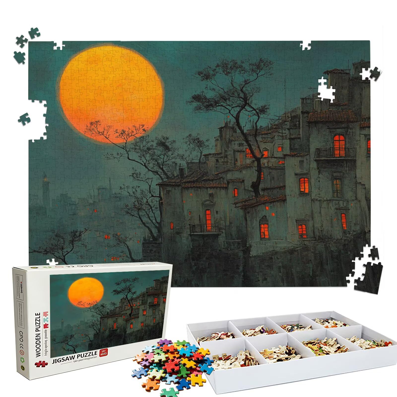 Puzzle 2000 elementów, puzzle 2000 elementów dla dorosłych, trudne puzzle, aktywność antystresowa i relaks, druk w wysokiej rozdzielczości, drewniane puzzle księżyc dom z wykwintnym pudełkiem do