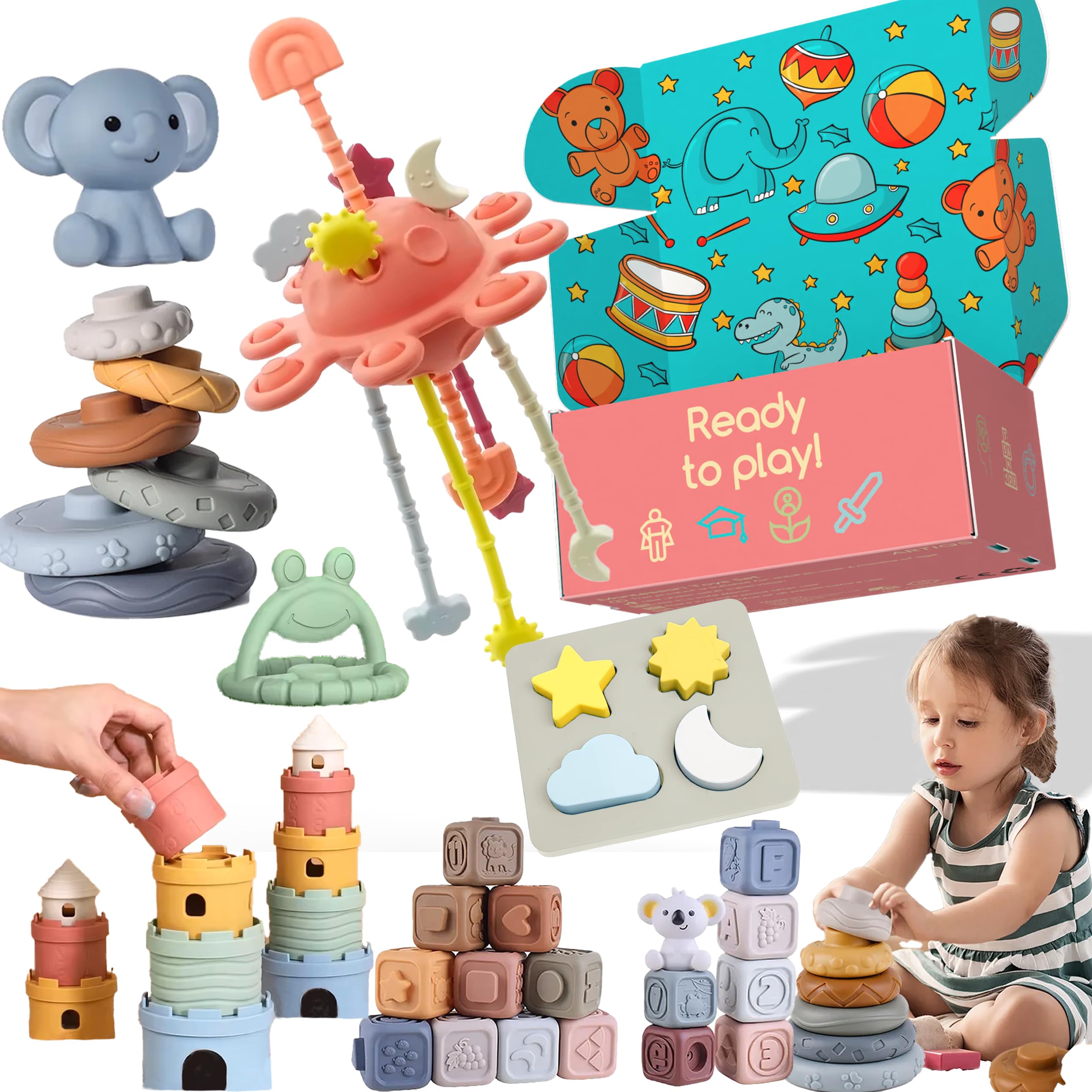 ARTIQS - Juguetes Sensoriales Montessori 6 in 1, Bloques Apilables, Torre de Aprendizaje, mordedores, Puzzles. Juguetes Educativos para Bebe y Niños de 0 Meses a 3 Años