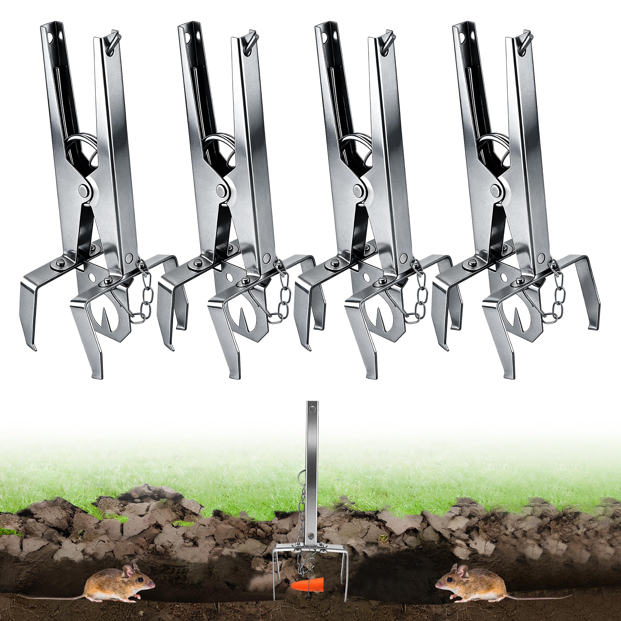 Enhon Trappola per Arvicole con Catena, 4 Pezzi - Affilata e Riutilizzabile - Trappola per Arvicole con Clip - Cattura su Entrambi i Lati | Efficace Trappola per Topo Campagnolo per Giardino e Prato
