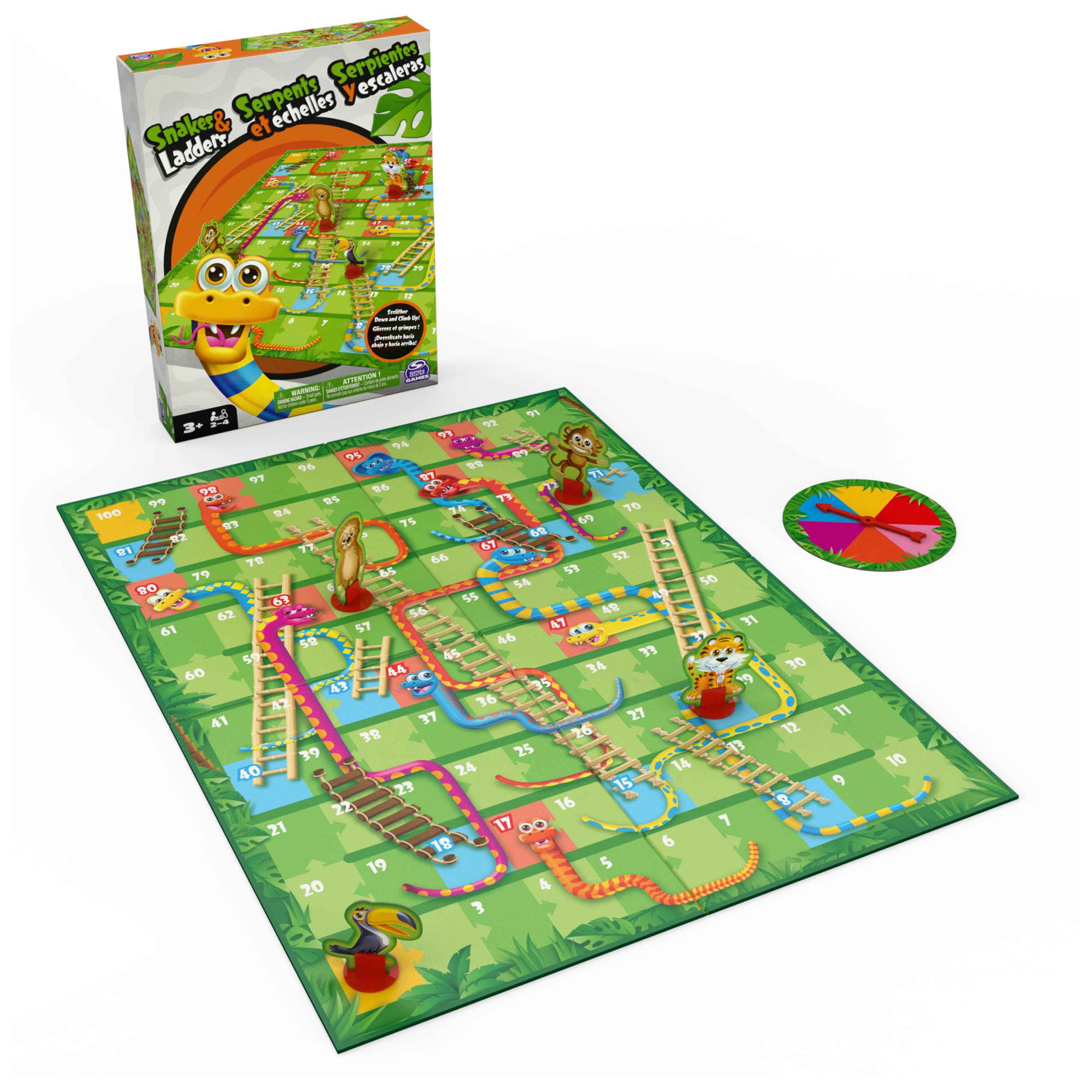 Spin Master Games, Snakes & Ladders Gioco per bambini colorato 2-4 giocatori Gioco da tavolo per famiglie Night Cool Things Fun Games, per bambini dai 3 anni in su