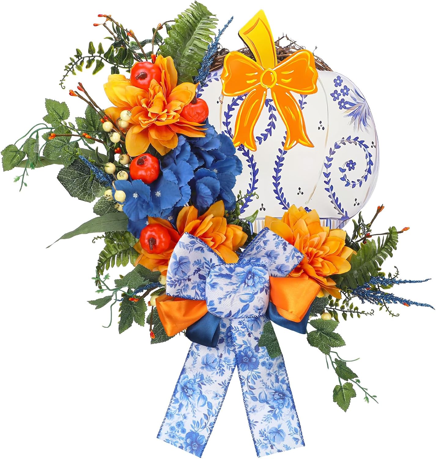 Fall Chinoiserie Pumpkin Wreath Autumn Blue and White Hanging Door Decorations Floral Berries Wreath with Bow Chinoiserie Pumpkin Wooden Board for Thanksgiving Farmhouse Home Outdoor