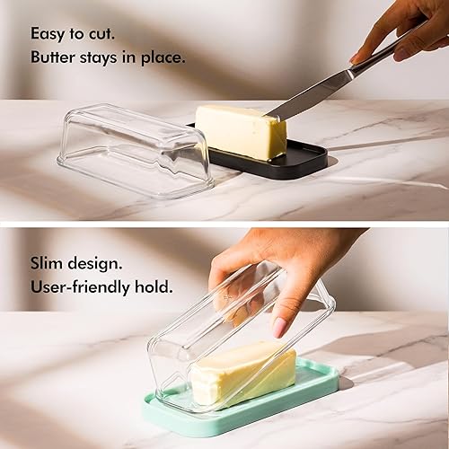 Miniatura 5 de KIVY Mantequillera de vidrio con tapa para encimera y estante de puerta de refrigerador. Mantequillera negra apta para lavavajillas con tapa negra -