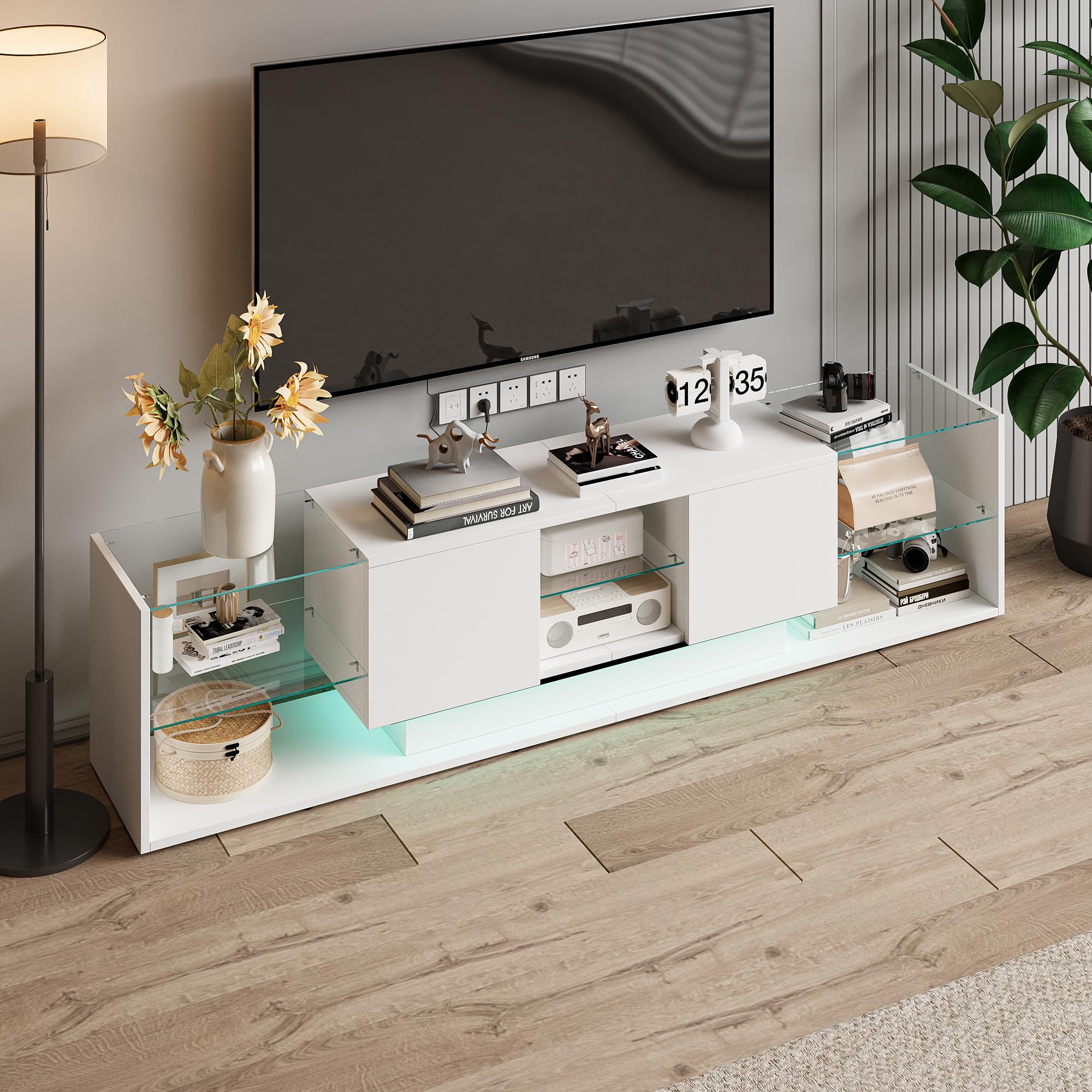 Meuble TV LED, Meuble TV Blanc Brillante, Armoire De Télévision avec 2 Tiroirs, étagères Ouvertes en Verre, Meuble Tele, Moderne Table Television pour Salon Ou Chambre, 200x35x45 cm, Blanc
