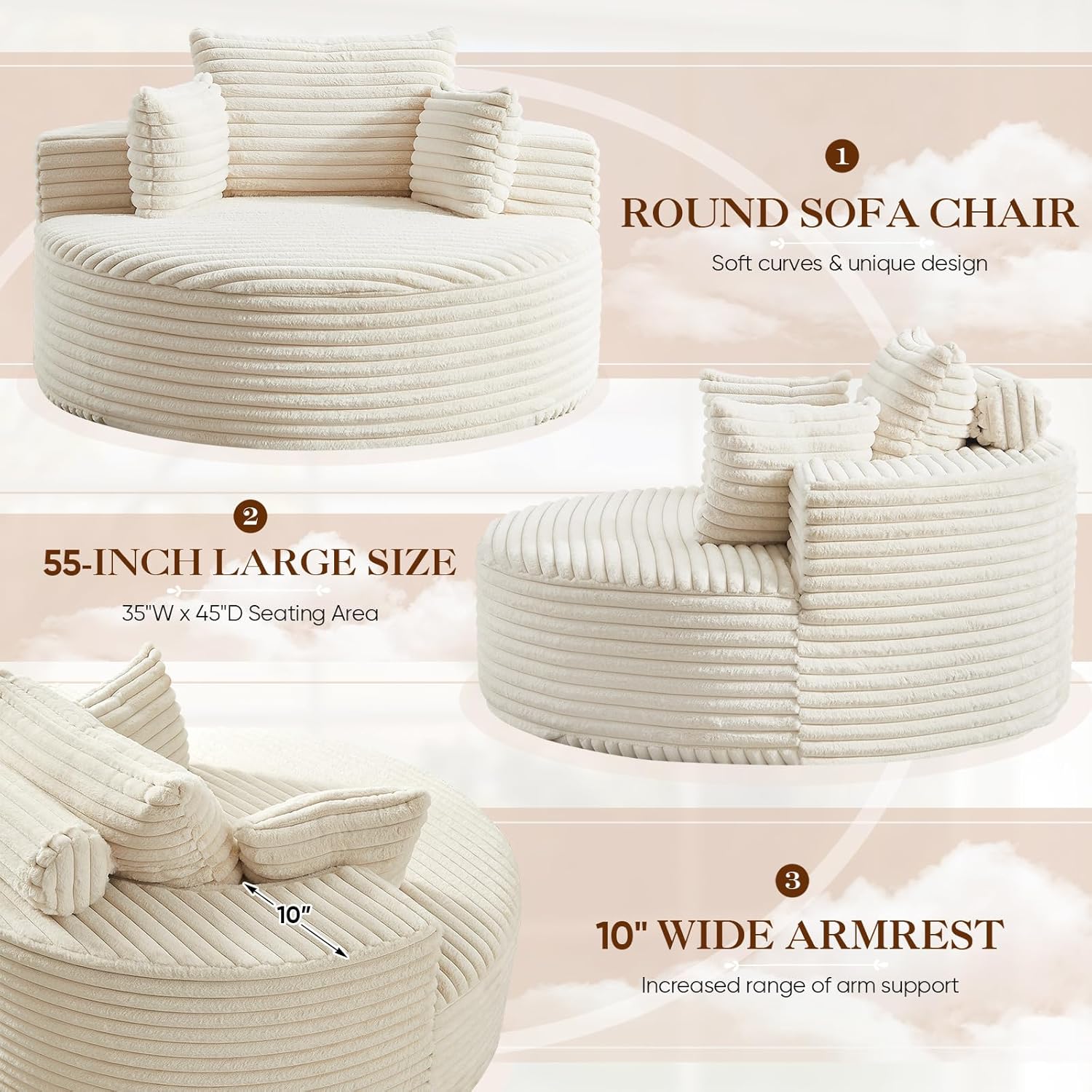 Oversized Round Chaise Longue Chair Indoor, Modern 55-inch Upholstered Corduroy Deep Seat Circle Single Cloud Lounge Floor Sofa Chair for Living Room, Bedroom Apartment, Beige Beige Modern Corduroy