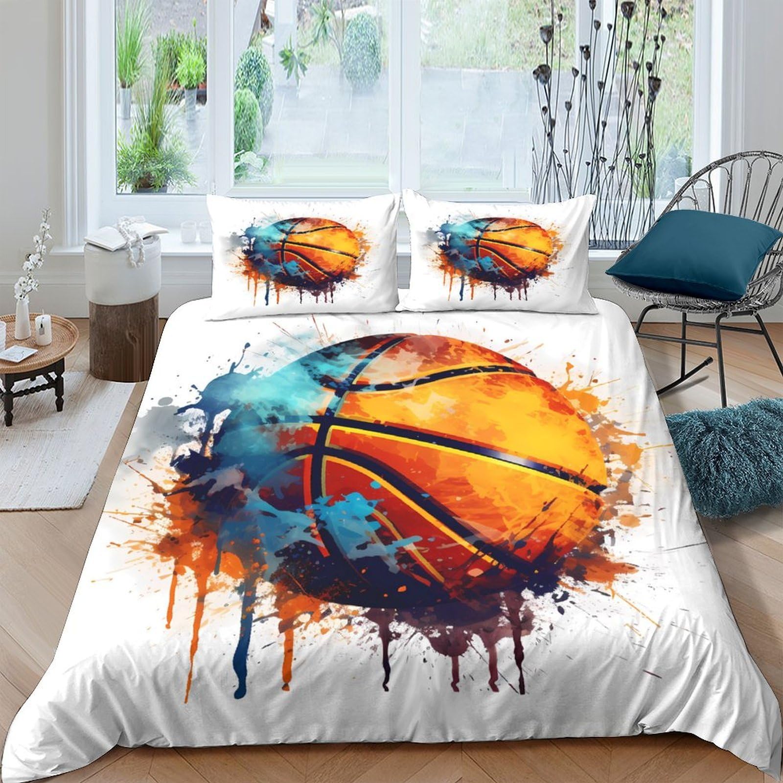 GPLZQXKJNH 3D Printed Basketball Splash Duvet Cover Set Microfiber Soft Orange Blue Bedding with 2 Pillowcases for Bedroom Decor Single（135x200cm）