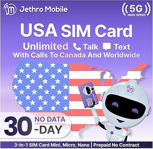 Jethro Mobile Senior - Plan de teléfono celular para llamadas y mensajes de texto ilimitados, llamadas internacionales a más de 80 países, tarjeta