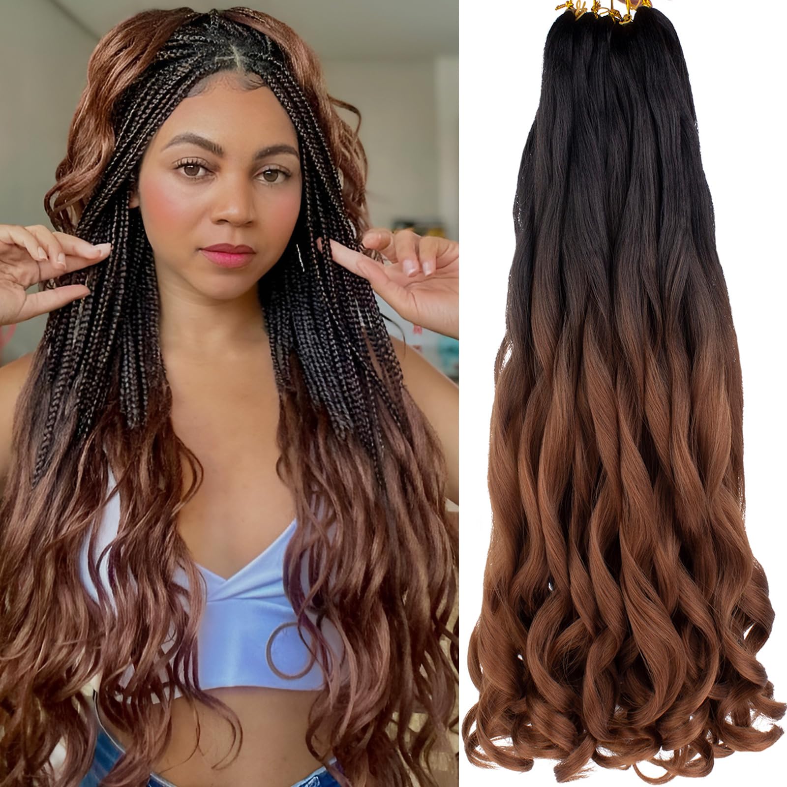 COOKOO 9 PCS Pre Stretched French Curly Braiding Hair 18 Inch Ombre Brown Braiding Hair for Women Bouncy French Curl Hair Spanish Curls Synthetic