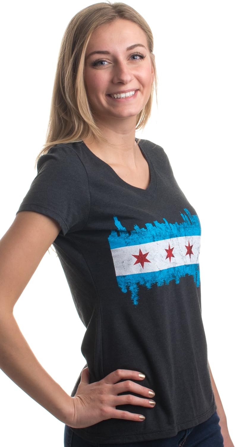 Chicago City Flag Skyline | Vintage Retro Triblend V-Neck Shirt Top for Women - Image 3