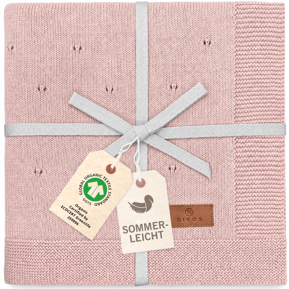 DIKOS Babydecke Sommer 75×100 cm aus feiner Bio-Baumwolle (GOTS & Oeko-TEX® 100) – atmungsaktive Strickdecke, leichte weiche Baby Decke für Neugeborene Mädchen, Geschenk zur Geburt (Altrosa)