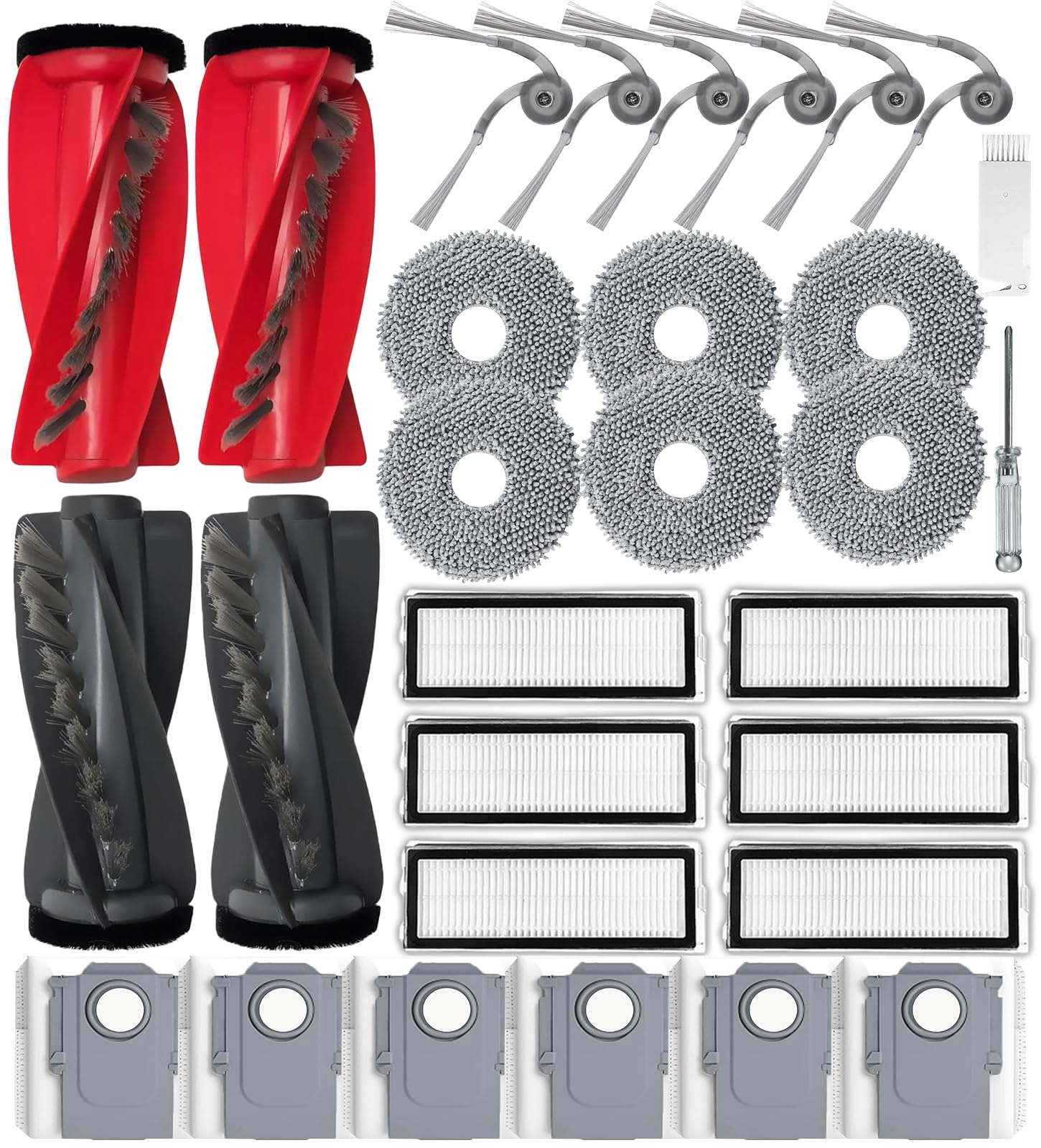 Accesorios Recambios para Roborock Qrevo S5V /Qrevo Curv/Qrevo Curv S5X / Qrevo Edge/Qrevo Edge S5A, 2 Cepillo Principal, 6 Filtro HEPA, 6 Paño, 6 Bolsa de Polvo, 6 Cepillo Laterale