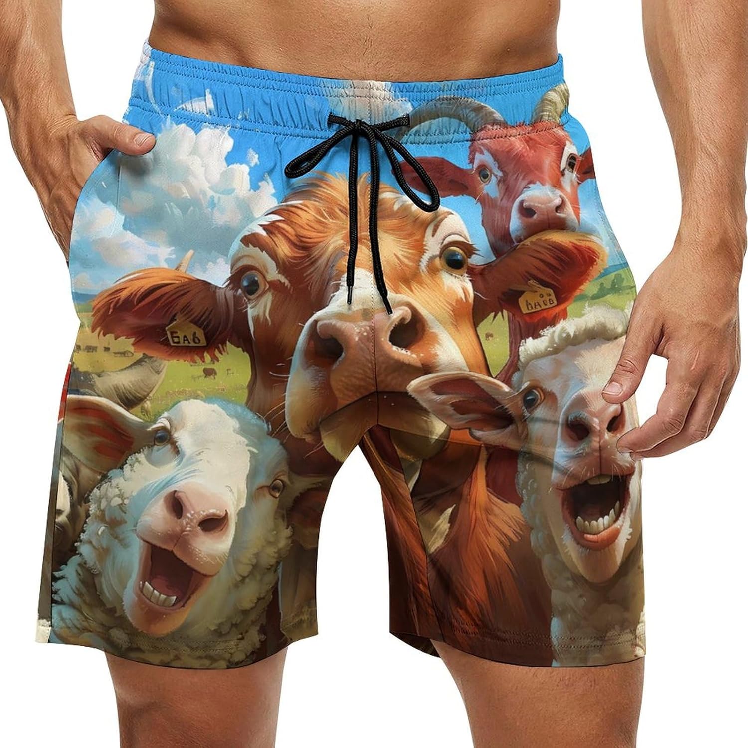 Farmhouse Animals Selfie Picture Casual Men's Swim Trunks Novelty Summer Beach Shorts Swimwear with Pocket