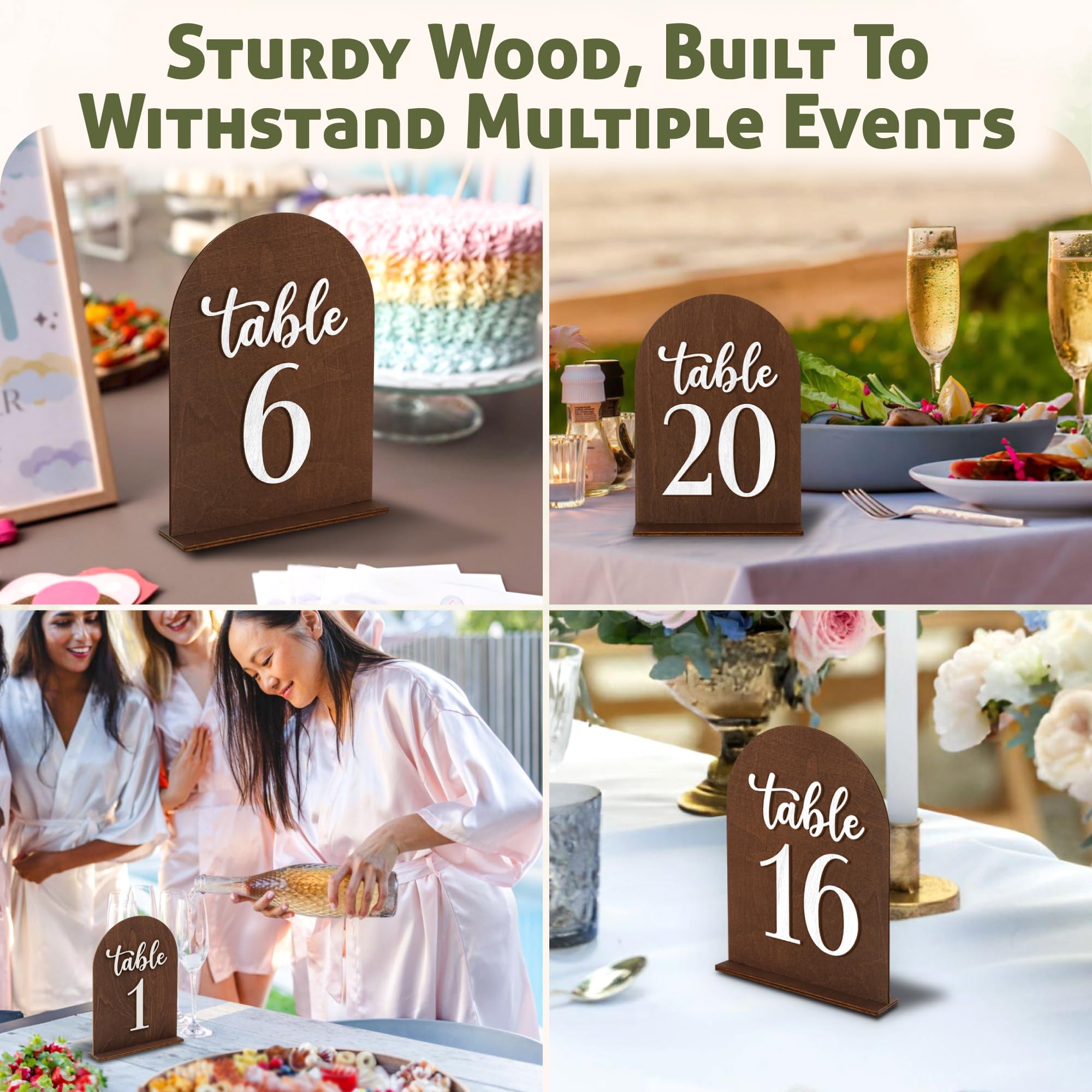 Woodamore Números de mesa de boda del 1 al 20, números de mesa de madera para recepción de boda del 1 al 20, letreros de números de mesa de restaurante con soportes de números de mesa, marcadores de