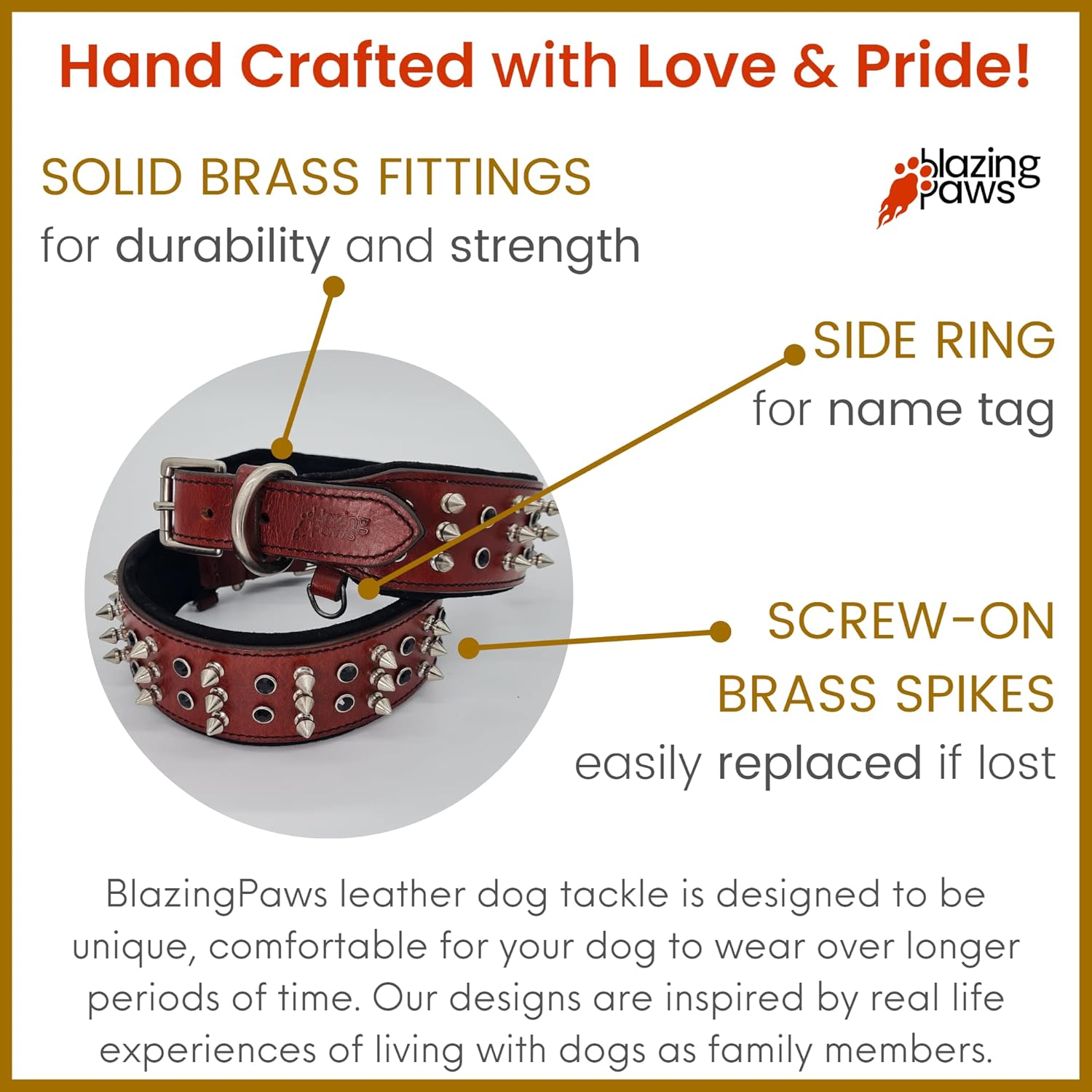 BlazingPaws® Sabrington 2 inch Wide Luxury Spike Leather Dog Collar for Large Dogs with Screw-on Spikes in Premium Cherry Bridle Leather and Soft Suede Leather Padding (Neck Size:19-22 Inches, Cherry)